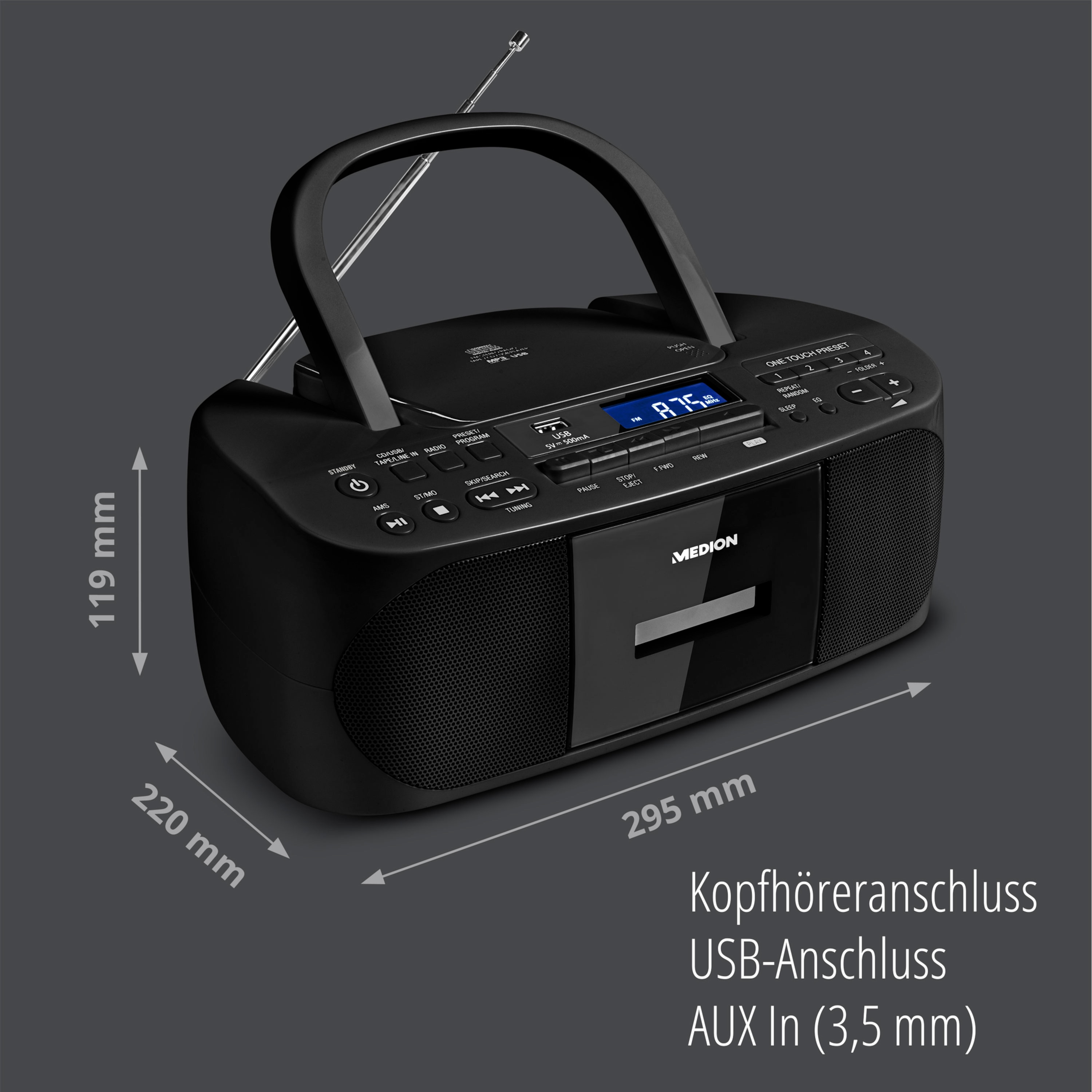 Ein schwarzes tragbares Radio mit Griff. Es hat einen CD-Player und ein Display.