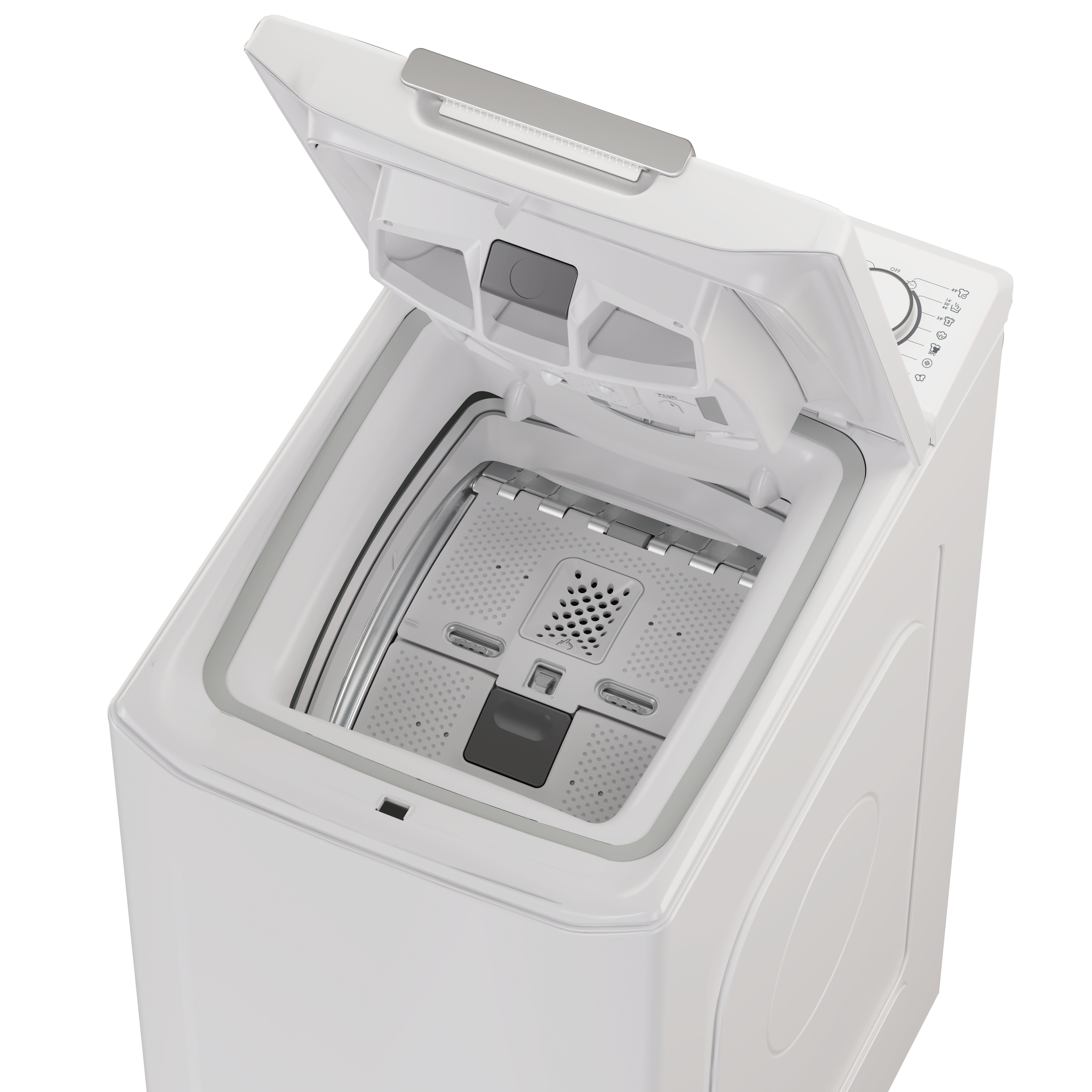 Biała pralka ładowana od góry z otwartą pokrywą, ukazująca wnętrze.