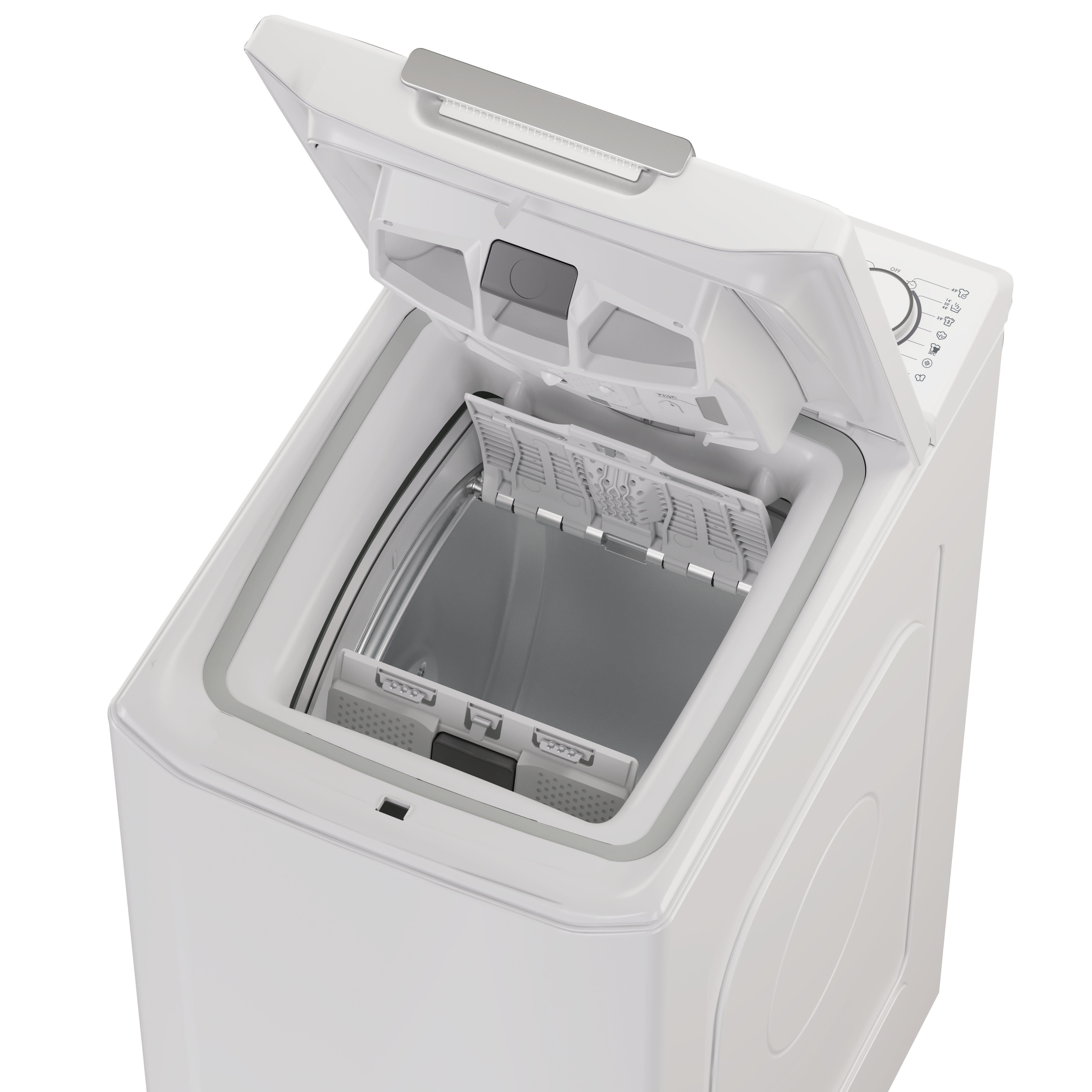 Biała pralka ładowana od góry z otwartą pokrywą, ukazująca wnętrze.