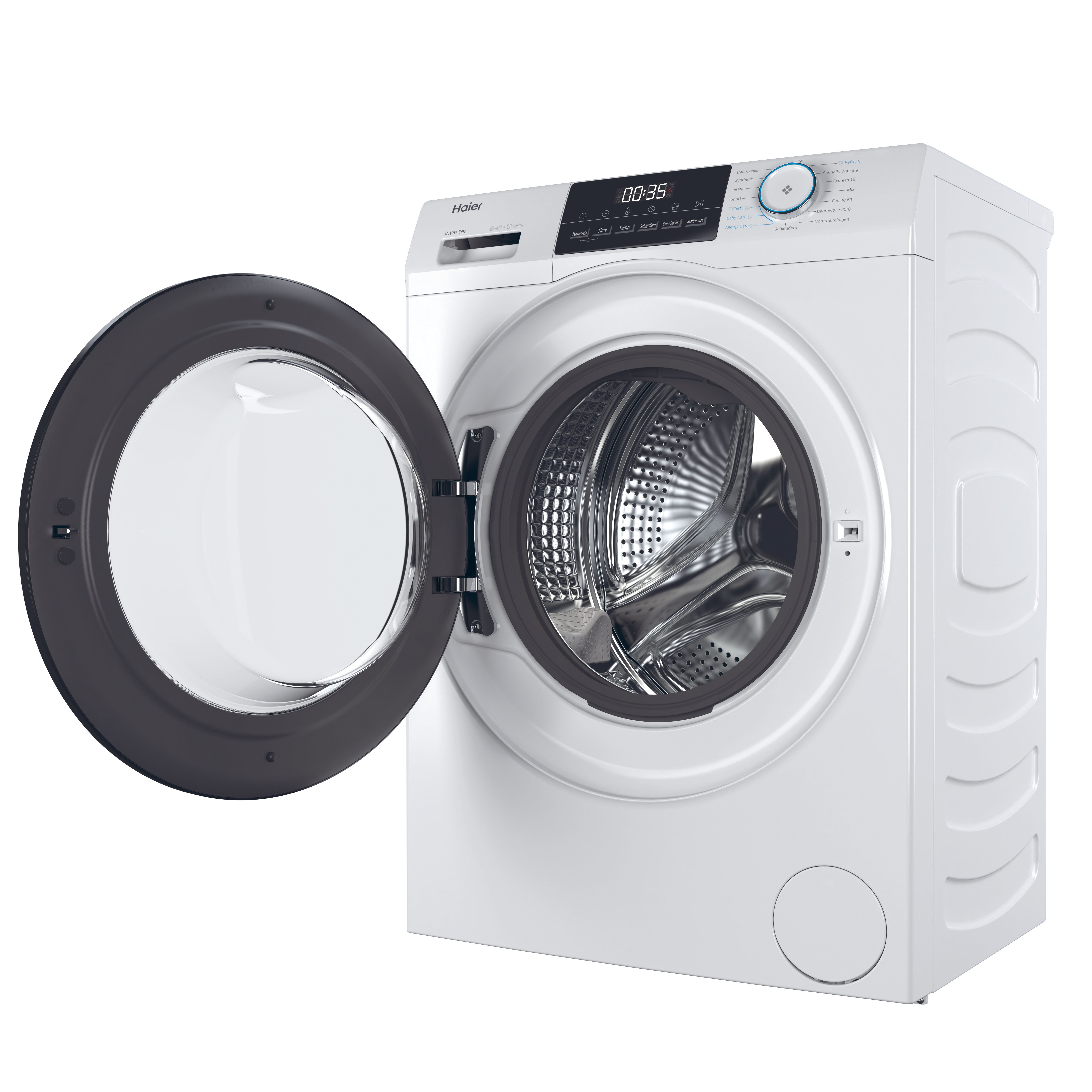 Eine weiße Waschmaschine mit geöffneter Tür, die die Trommel zeigt.