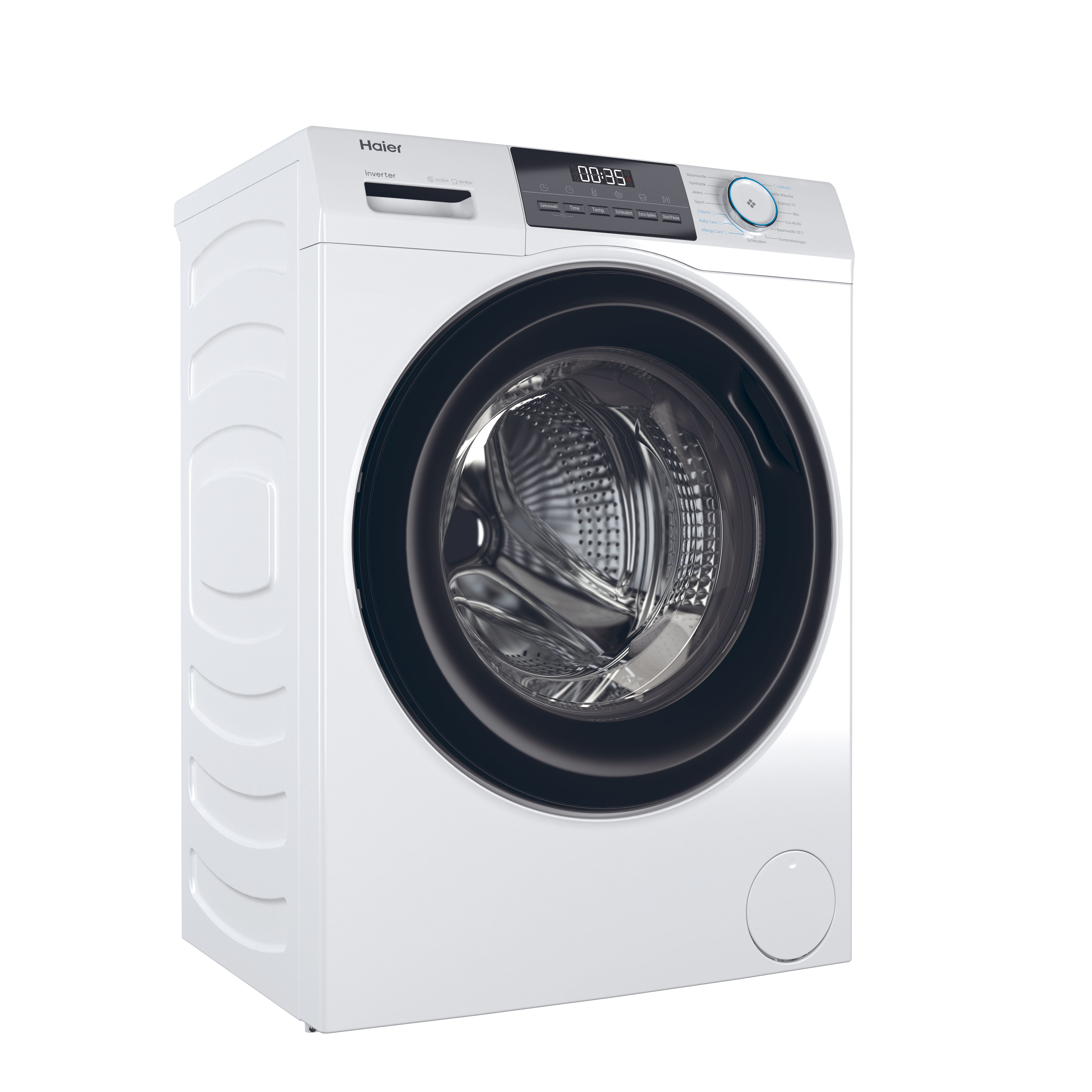 Weiße Haier Waschmaschine, schräge Ansicht. Bedienfeld oben, mit schwarzem Türrahmen und runder Tür.