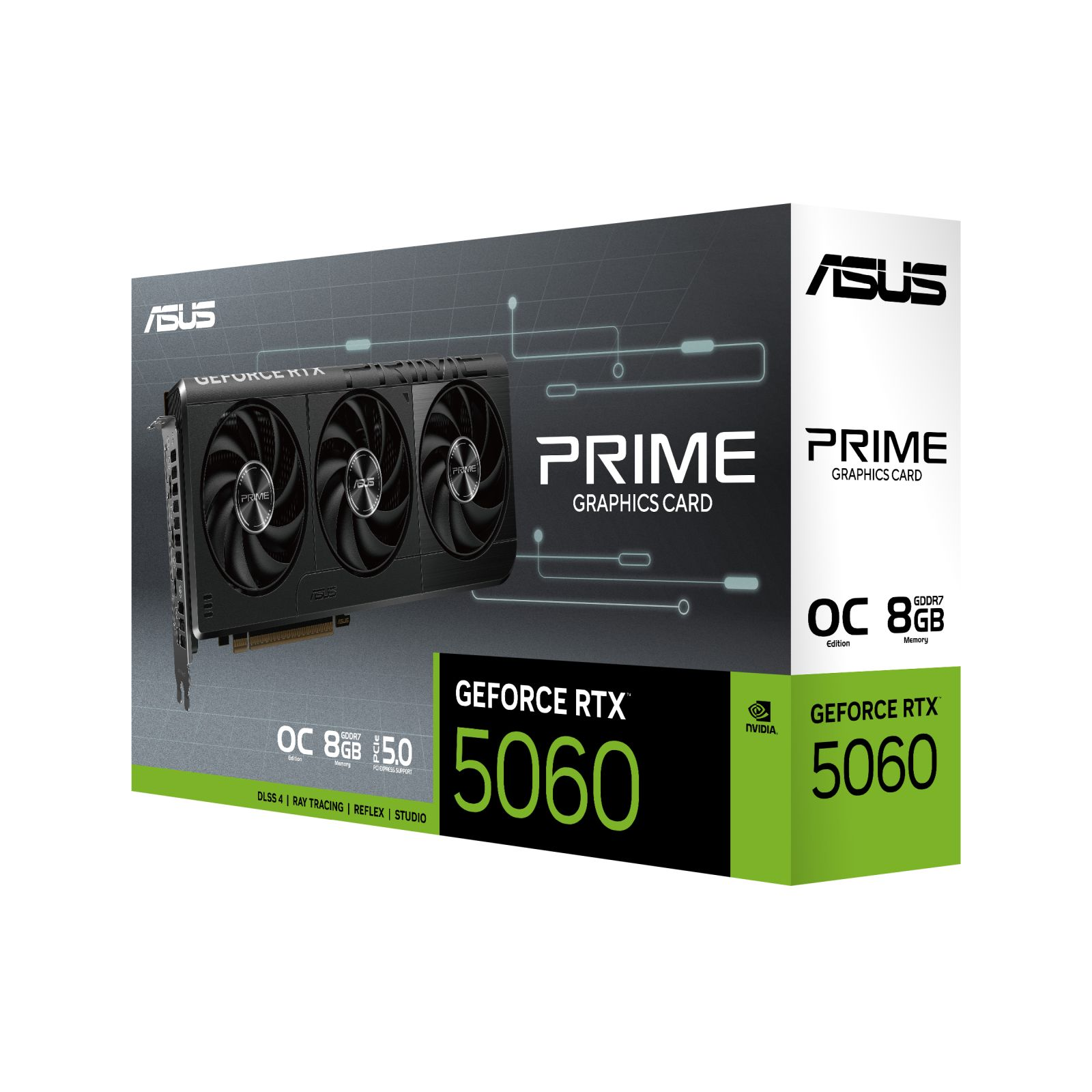 ASUS GeForce RTX 5060 Grafikkartenbox, schwarzes Design, mit drei Lüftern.