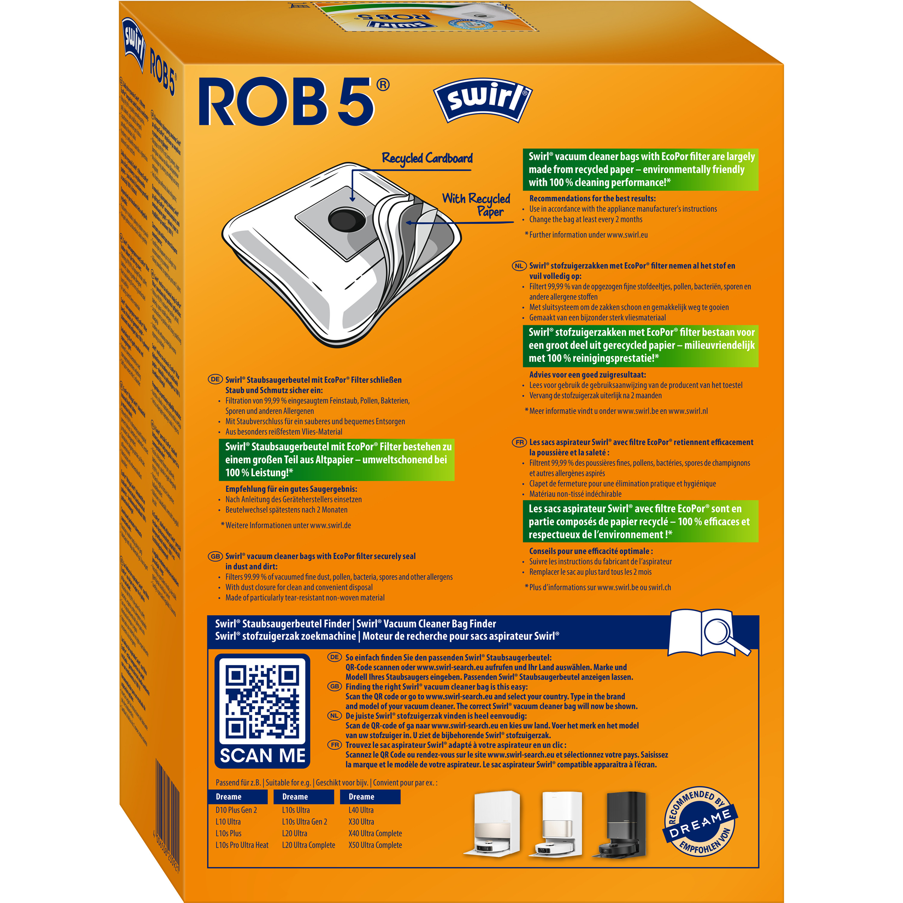 Swirl ROB5 Staubsaugerbeutelverpackung mit einer weißen Beutelgrafik und blauem Text auf orangefarbenem Hintergrund.