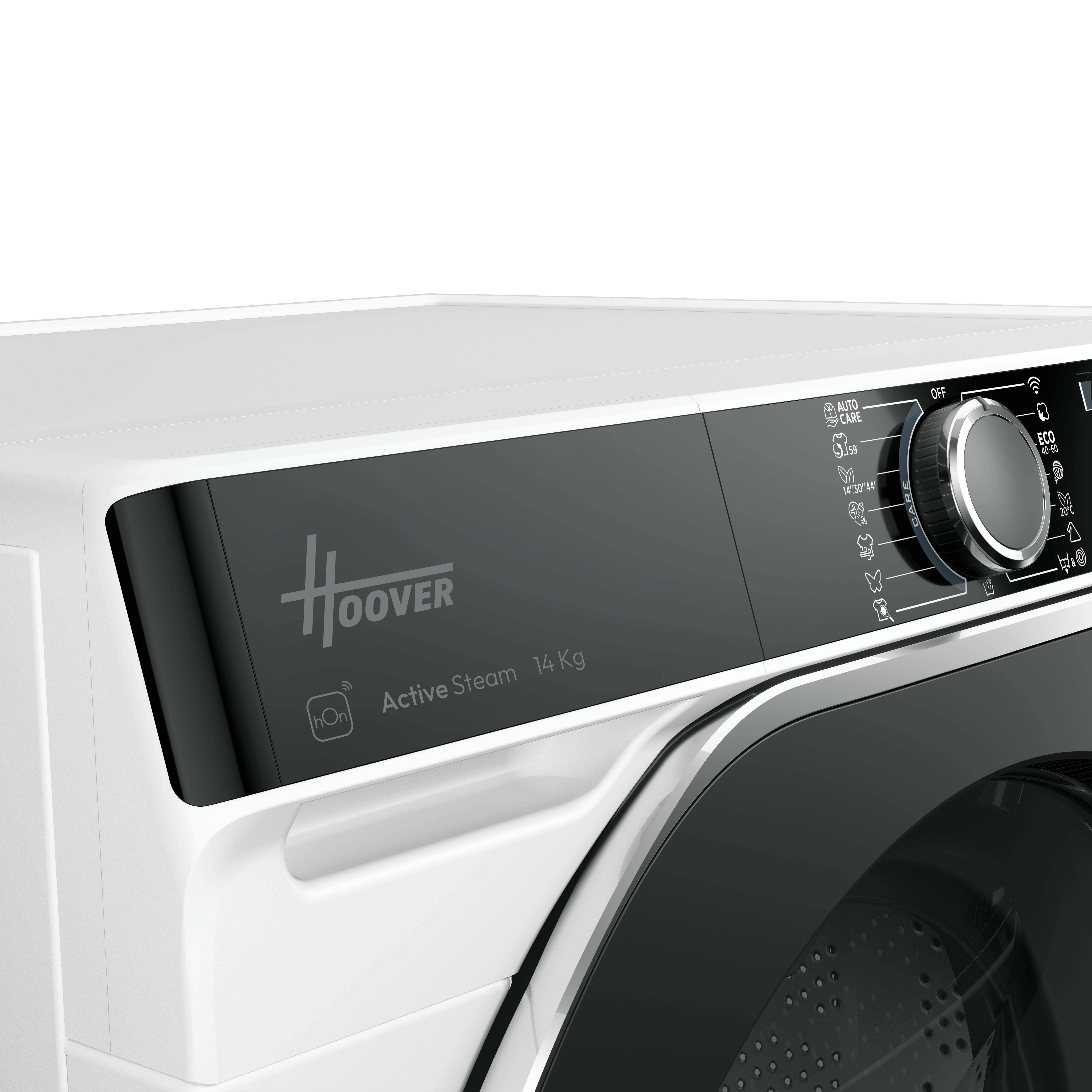 Hoover çamaşır makinesi logosu ve kontrol panelinin detay çekimi, markayı ve özellikleri vurguluyor.