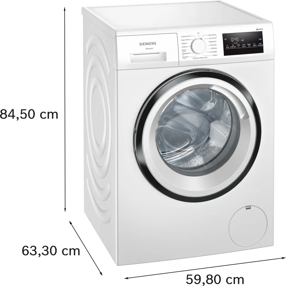 Eine Siemens Waschmaschine wird mit den Maßen 84,50 cm Höhe, 63,30 cm Tiefe und 59,80 cm Breite dargestellt.