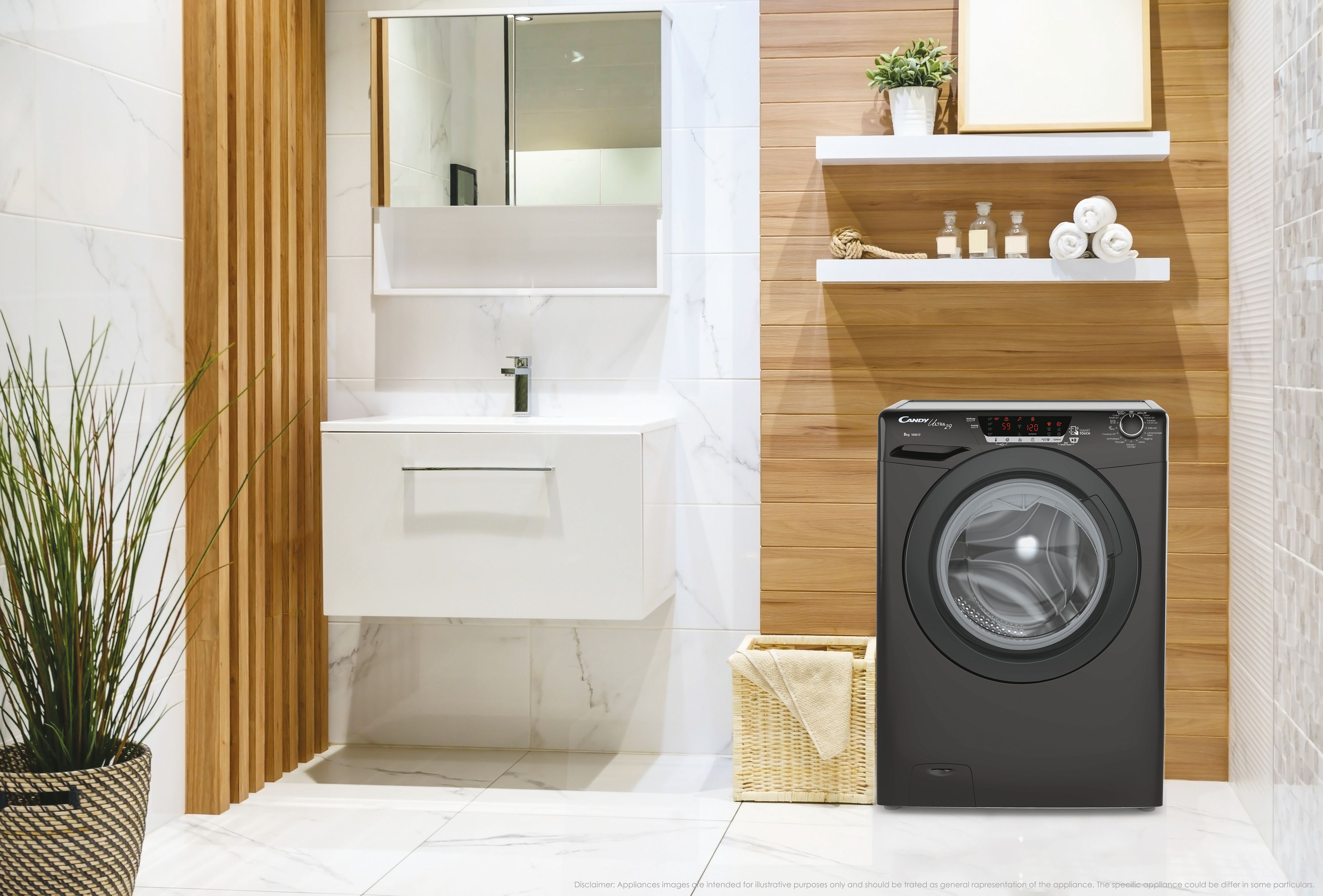 Un bagno con lavatrice nera, lavabo bianco e pannelli in legno.