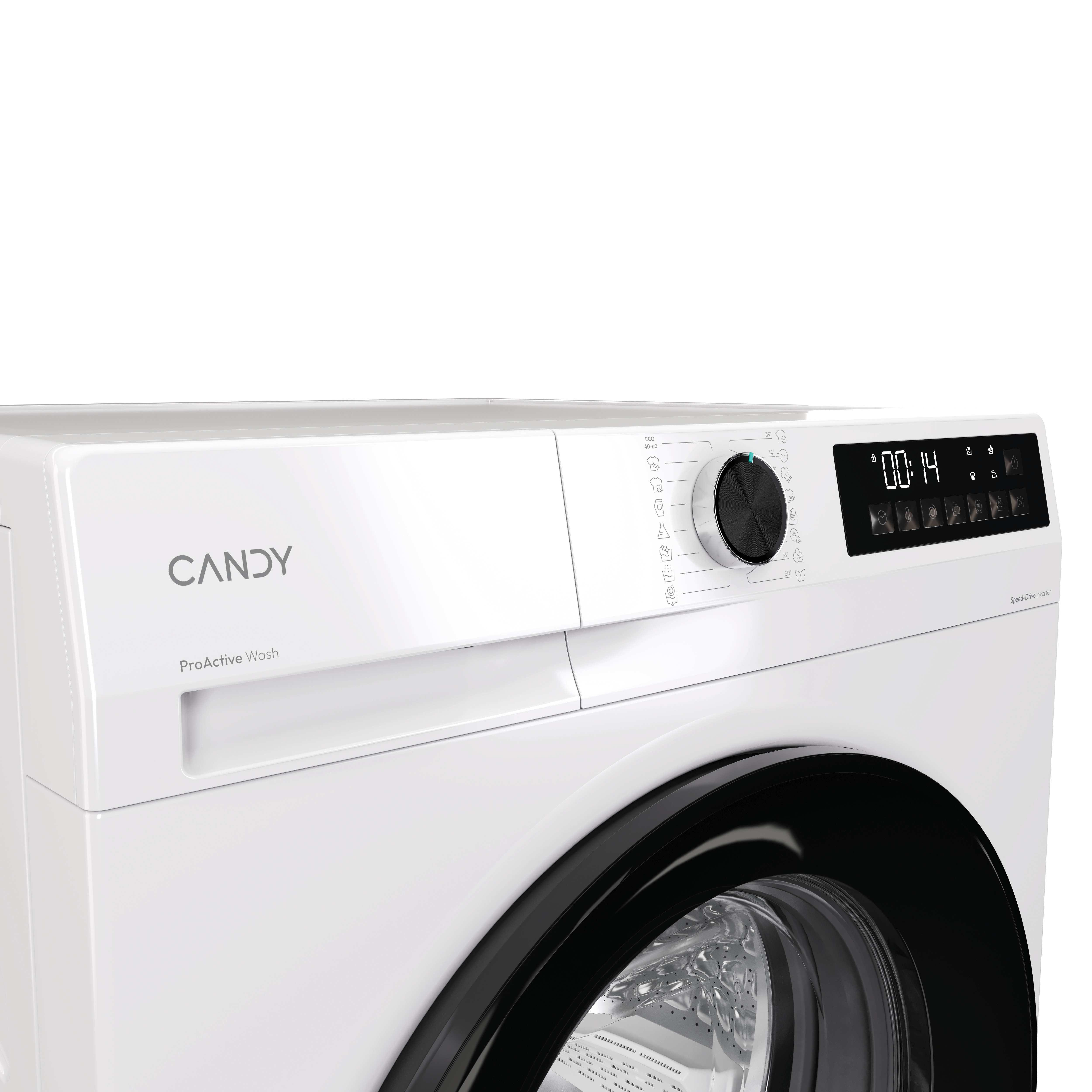 Nahaufnahme einer weißen Candy-Waschmaschine mit schwarzem Türrahmen und Digitalanzeige, die '00:14' anzeigt.