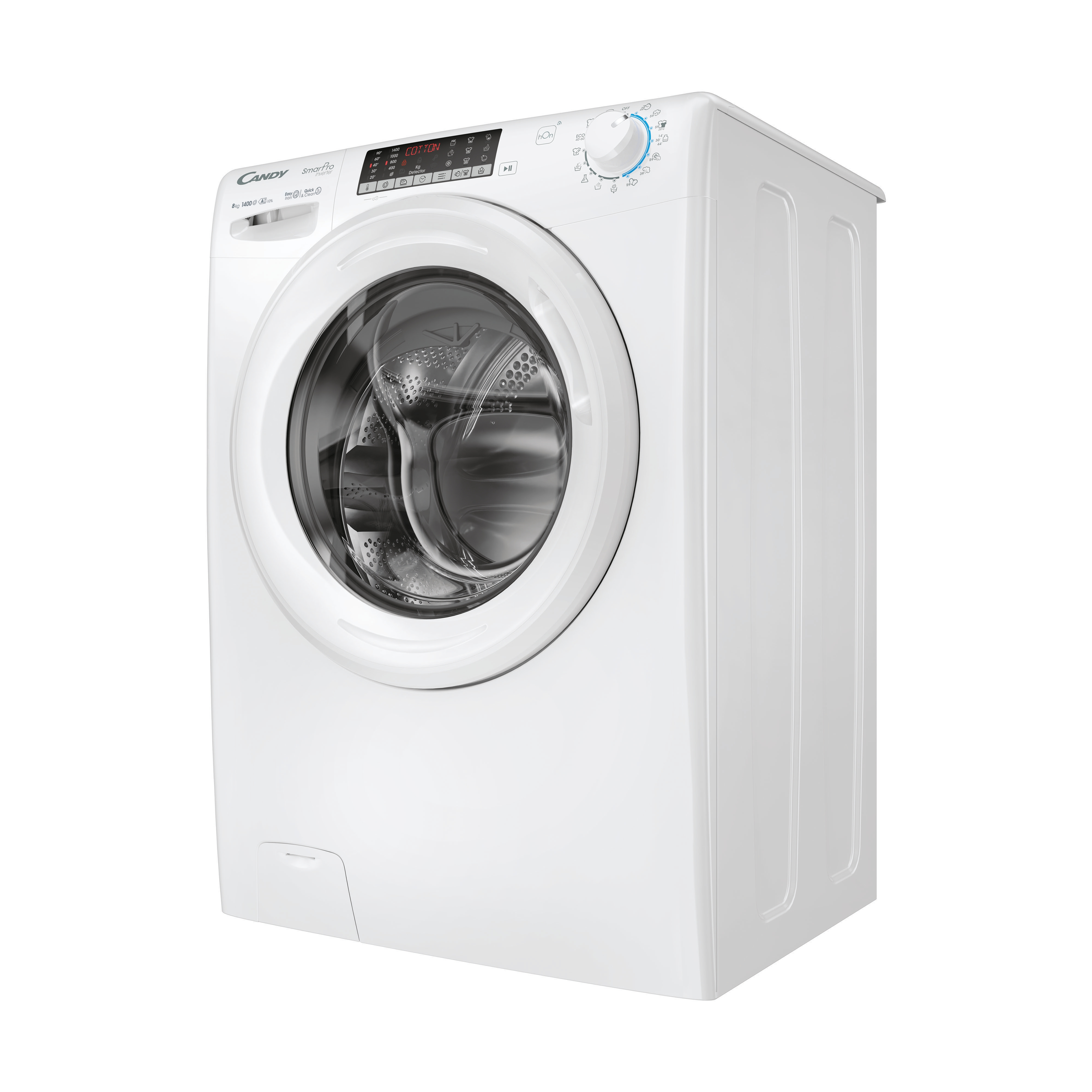Lavadora blanca inclinada a la derecha. Tiene panel de control, ojo de buey y diseño limpio.