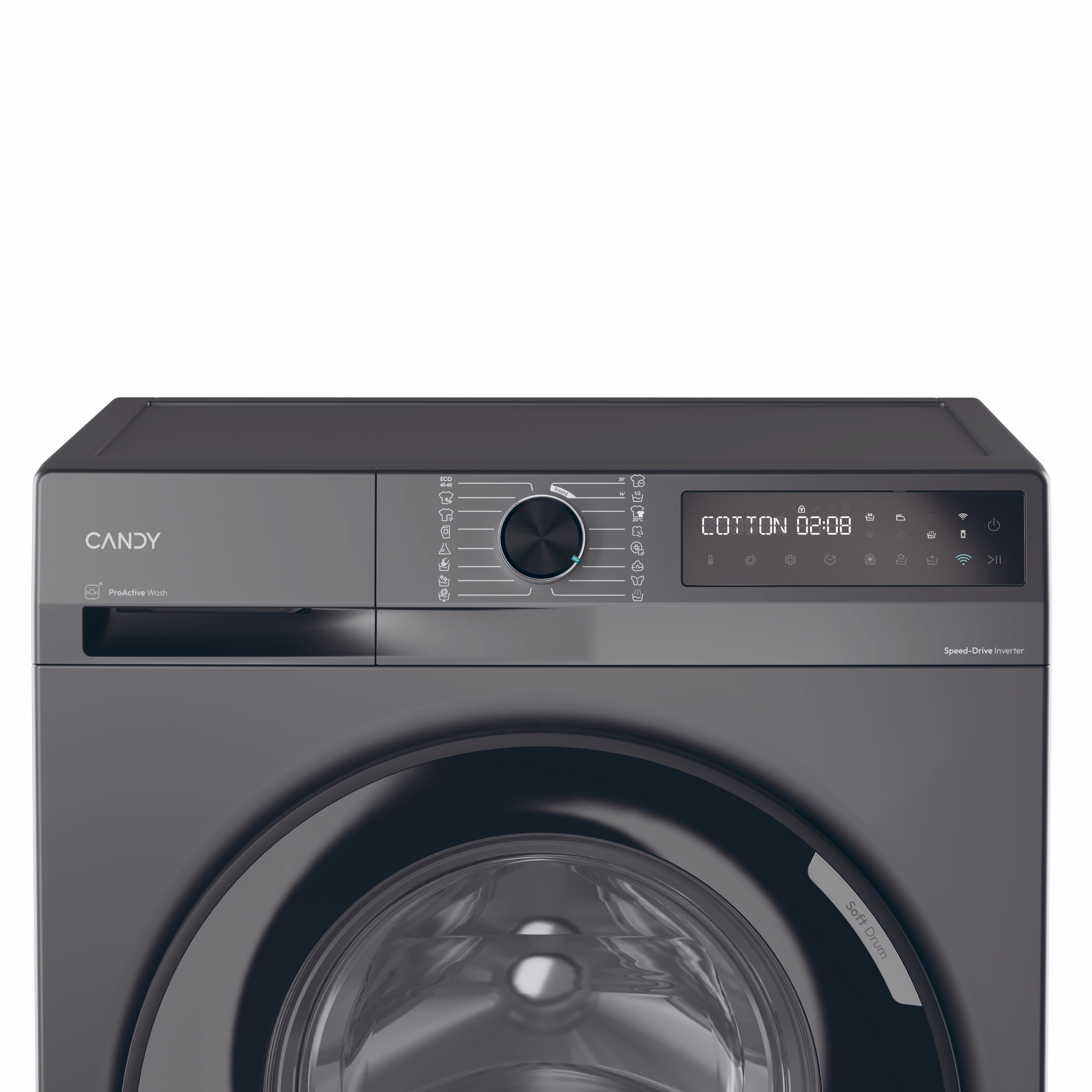 Lavadora gris oscuro con panel de control que muestra el ciclo de lavado de algodón y una pantalla digital.