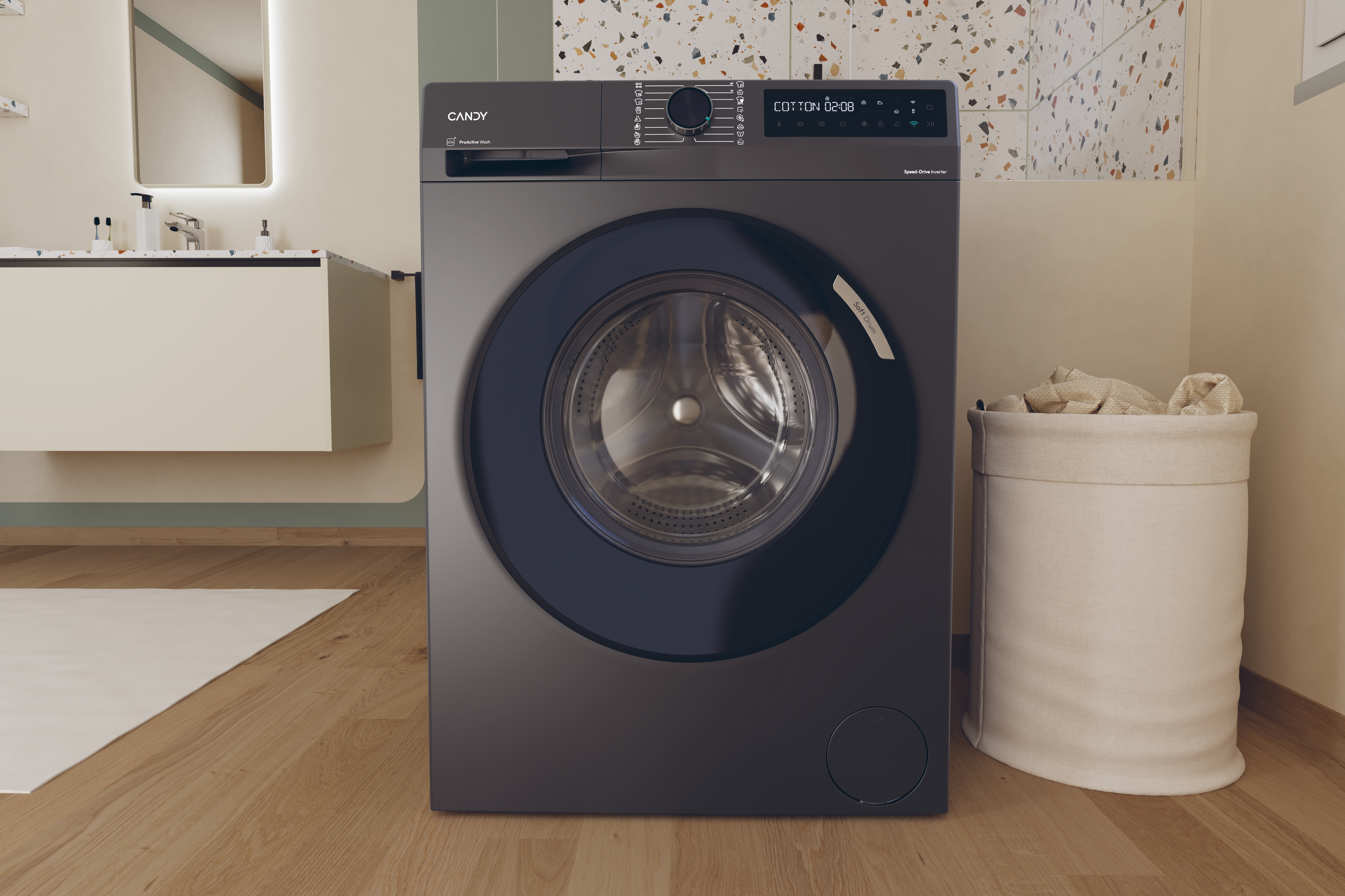 Lavadora Candy gris oscuro en un baño con tonos neutros.