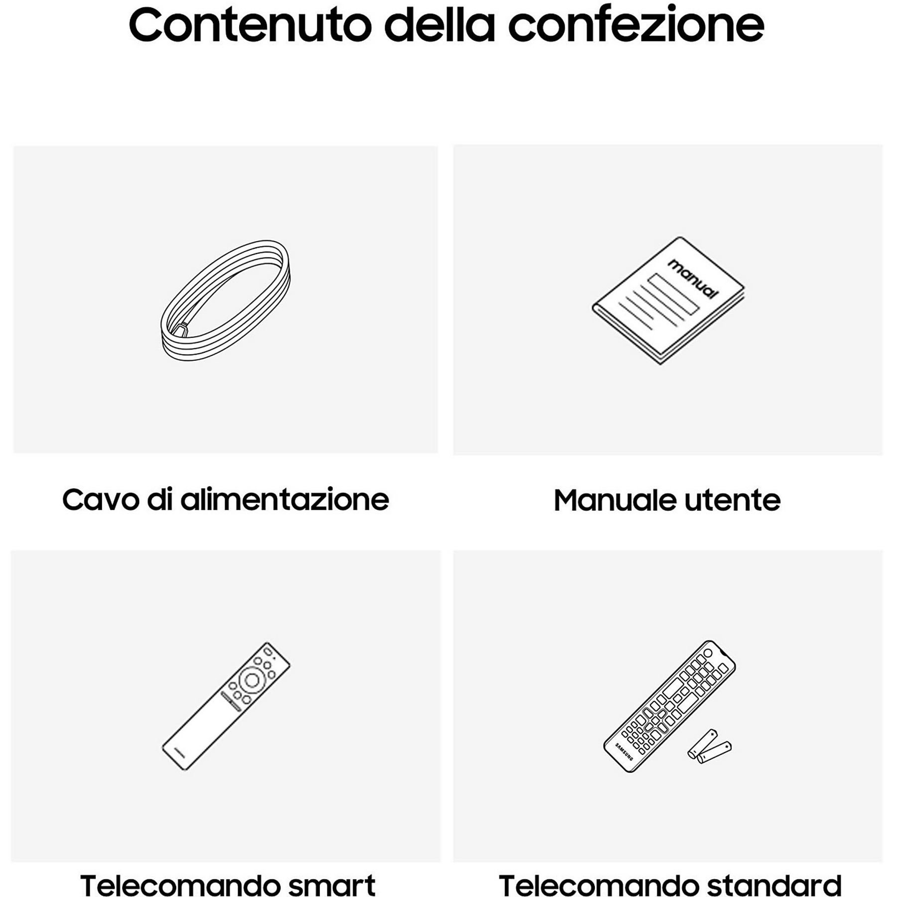 Grafika liniowa przedstawia zawartość opakowania: przewód zasilający, instrukcja obsługi, pilot smart i pilot standardowy.