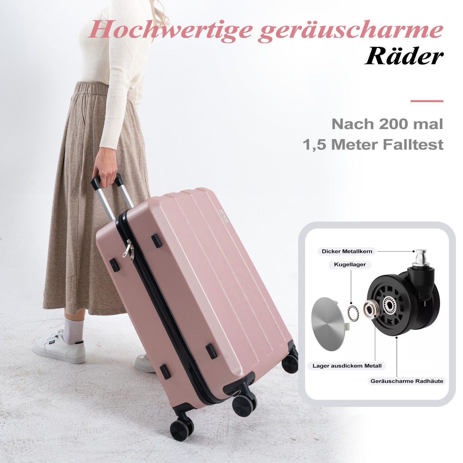 Eine Person geht mit einem rosa Koffer. Text lautet: Hochwertige geräuscharme Räder. Ein Raddiagramm befindet sich in der Ecke.