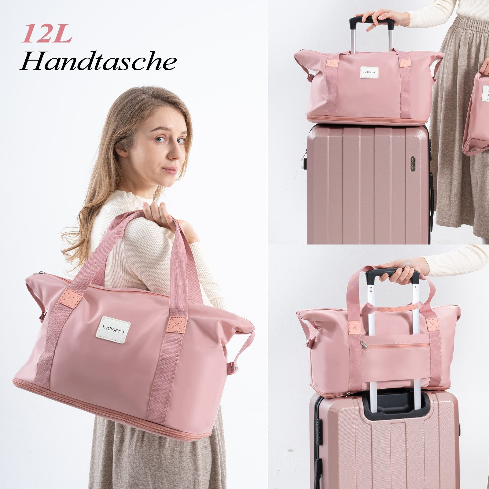 Eine Frau hält eine rosa Tasche. Andere rosa Taschen und ein rosa Koffer sind im Hintergrund zu sehen.