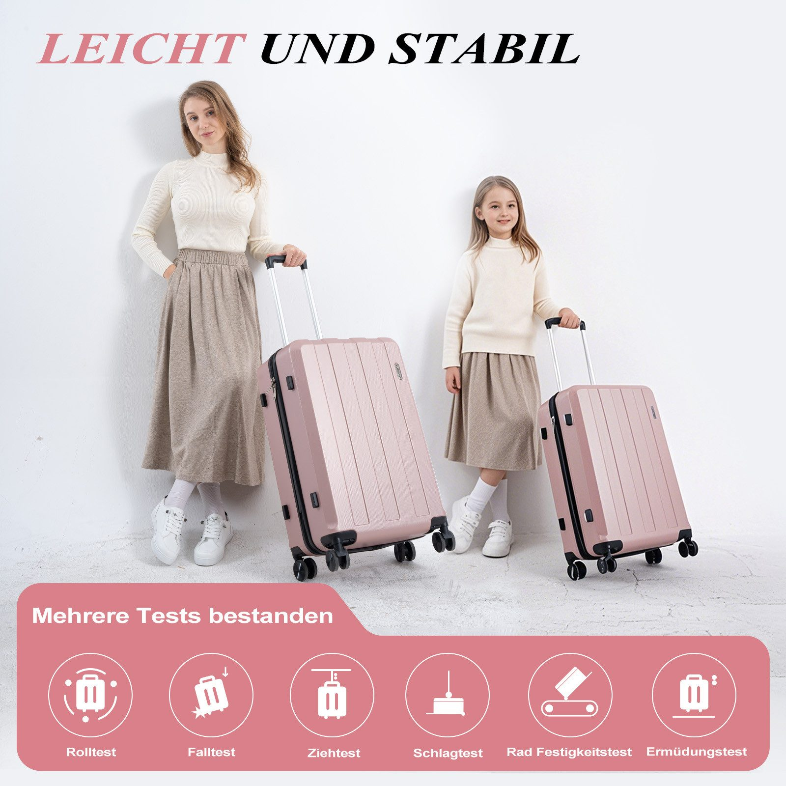 Zwei Frauen posieren mit rosa Koffern. Text lautet: Leicht und Stabil. Tests werden unten angezeigt.