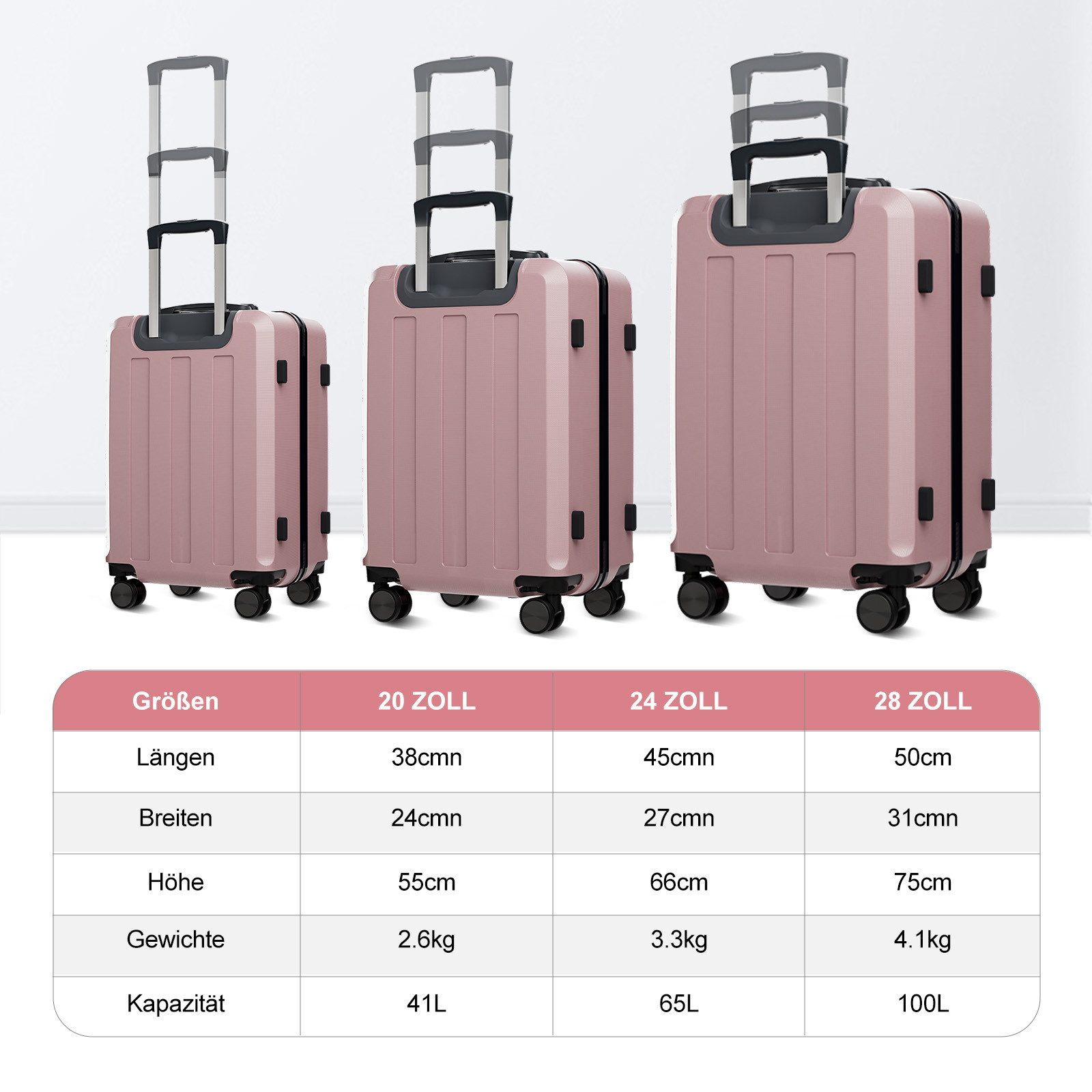 Drei Größen von rosa Koffern werden mit einer Tabelle ihrer Abmessungen und Kapazität gezeigt.