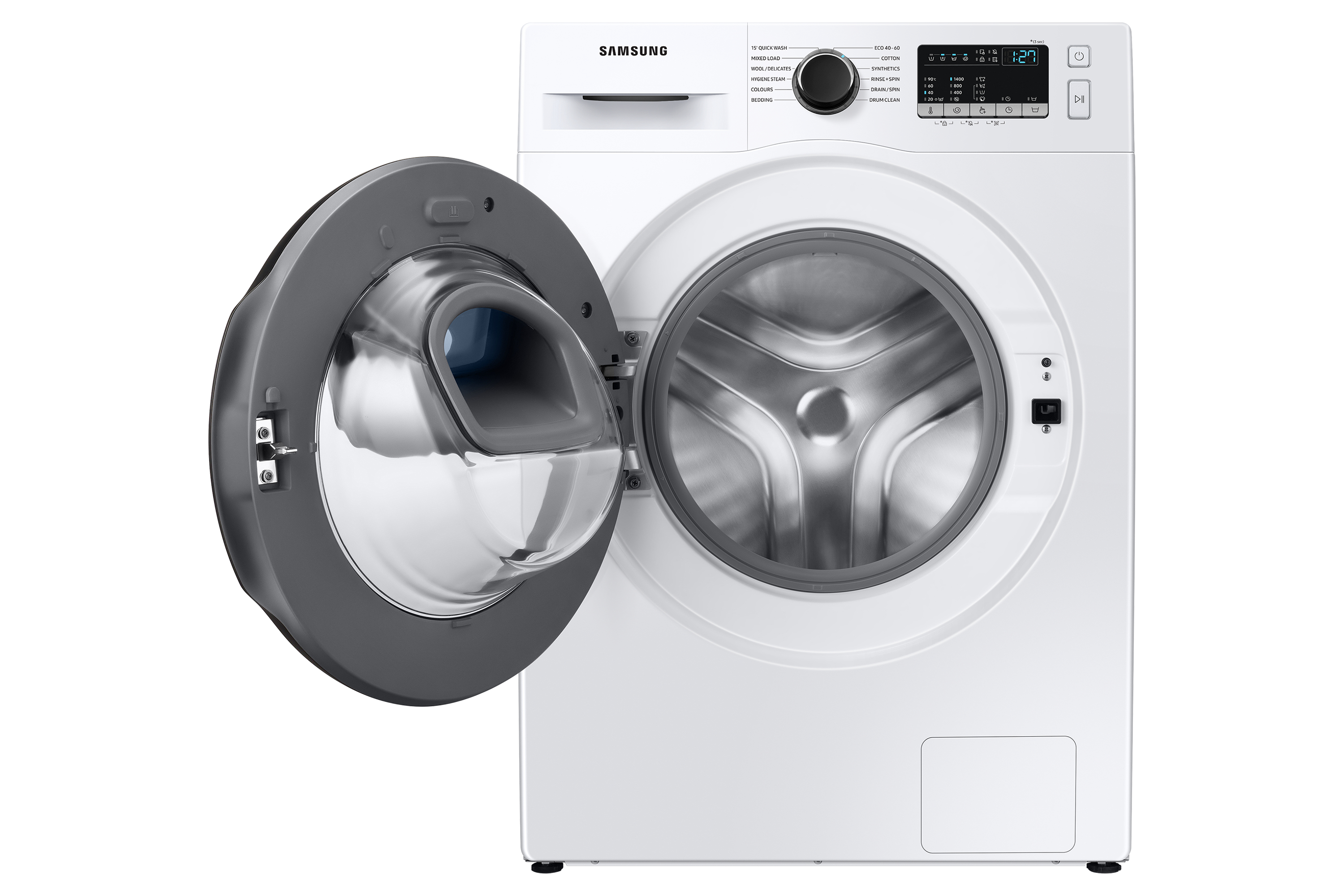 Een witte wasmachine met de deur open. De trommel is zichtbaar. Samsung-logo staat bovenaan.