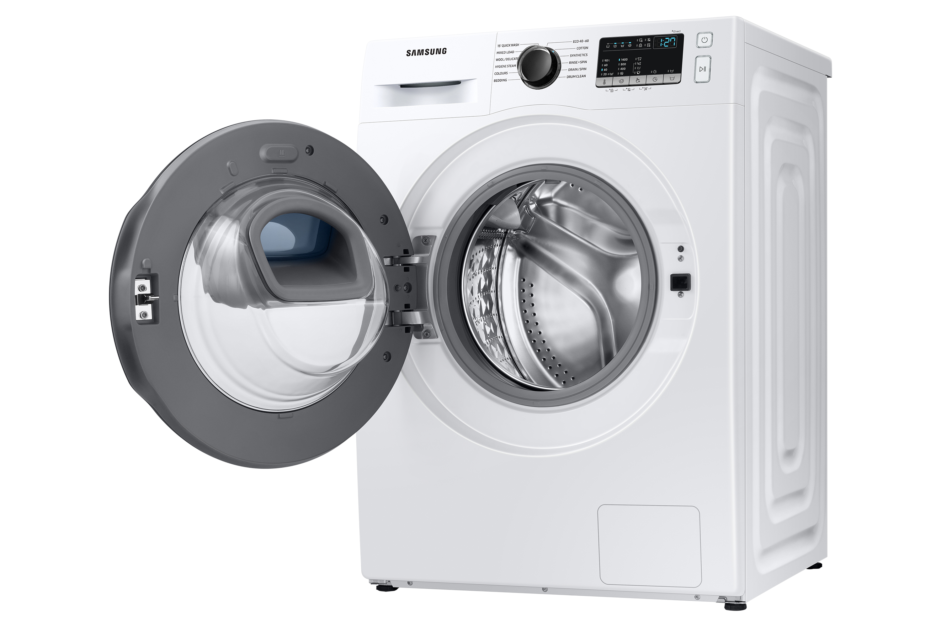 Een witte wasmachine met een open deur. Het bedieningspaneel bevindt zich rechtsboven.