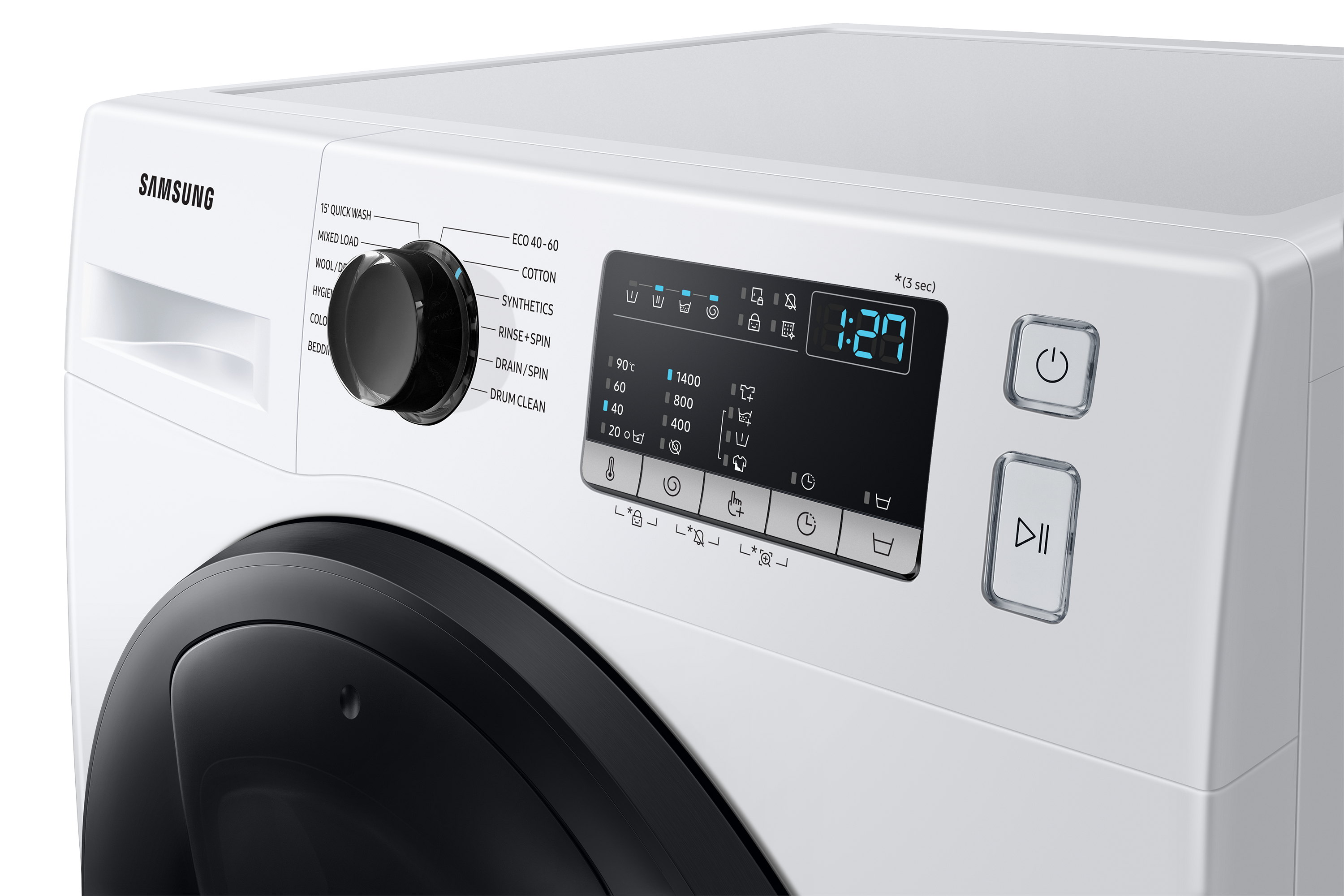 Een close-up van het bedieningspaneel van een wasmachine. Het heeft een display en diverse instellingen.