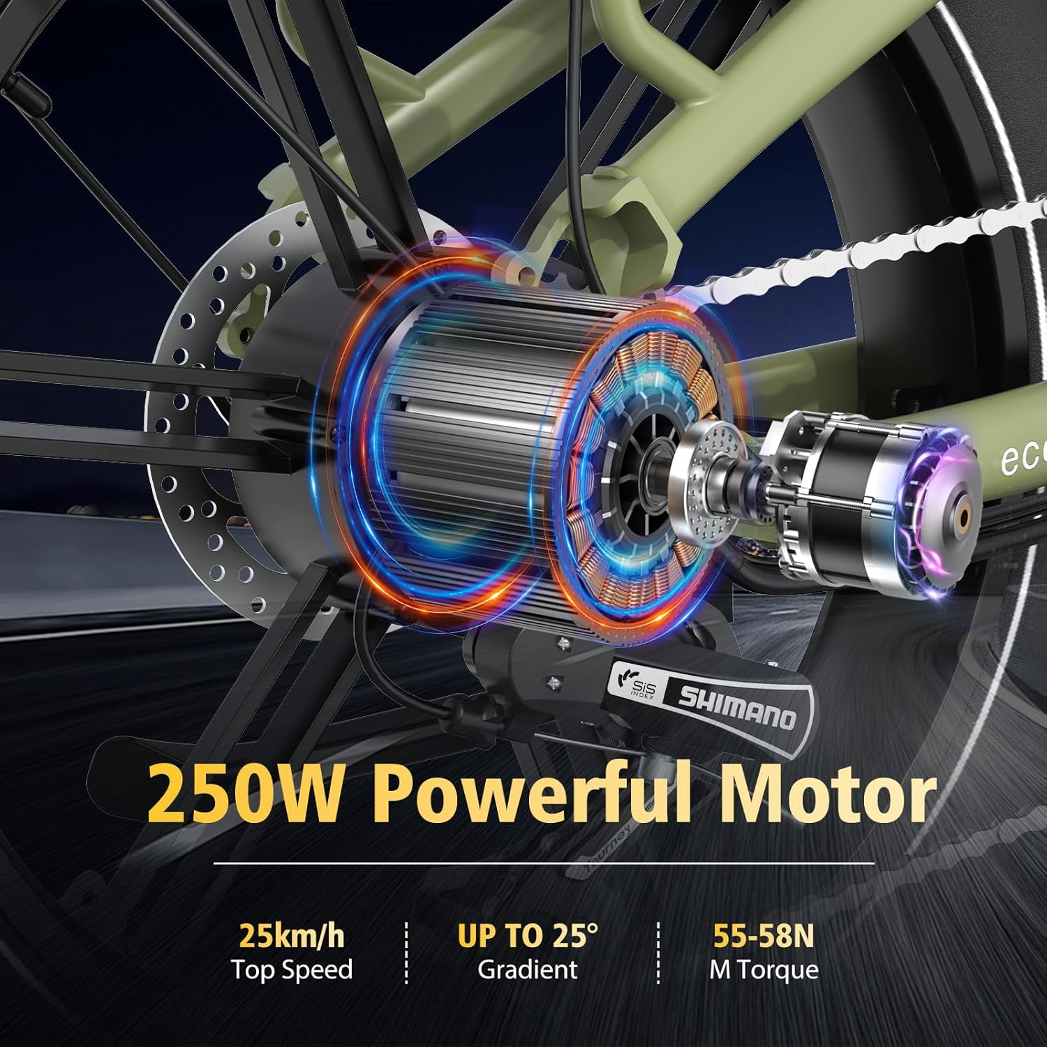E-bike met 75nm motor, schijfremmen en 90 km maximale afstand, met een diagram van de functies.