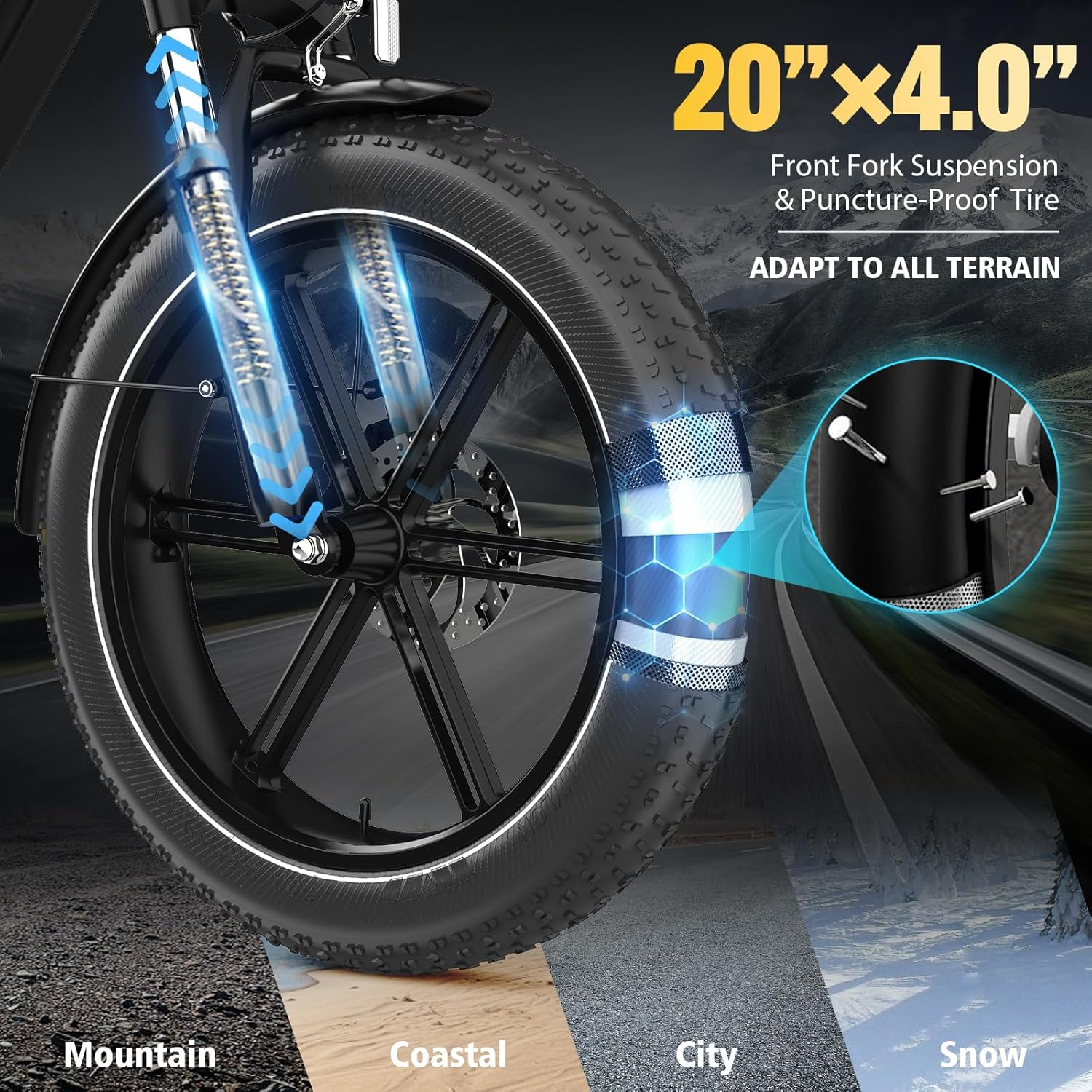 Close-up van een fietswiel met voorvorkvering en lekvrije band, geschikt voor verschillende terreinen.