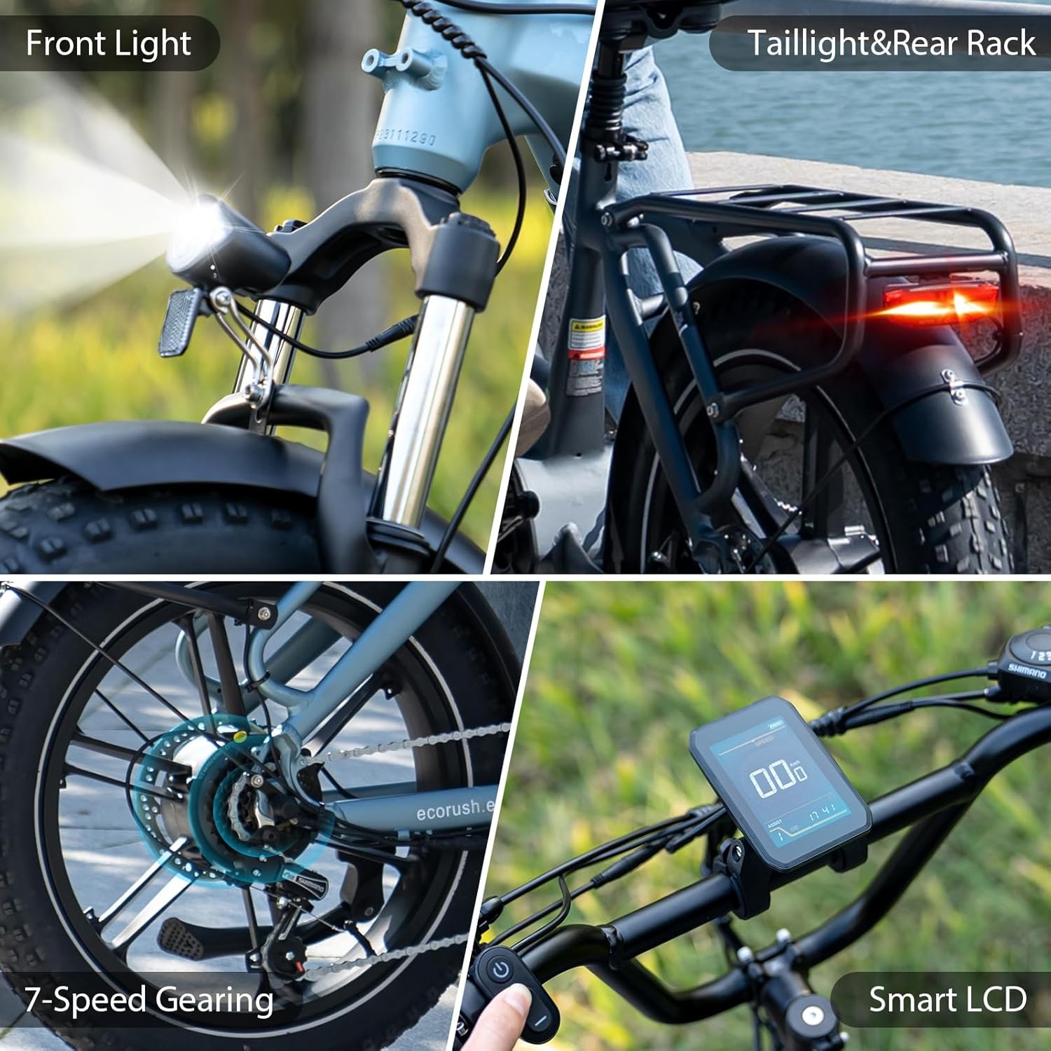 Close-up van een elektrische fiets met voorlicht, bagagerek, 7-versnellingssysteem en smart LCD.