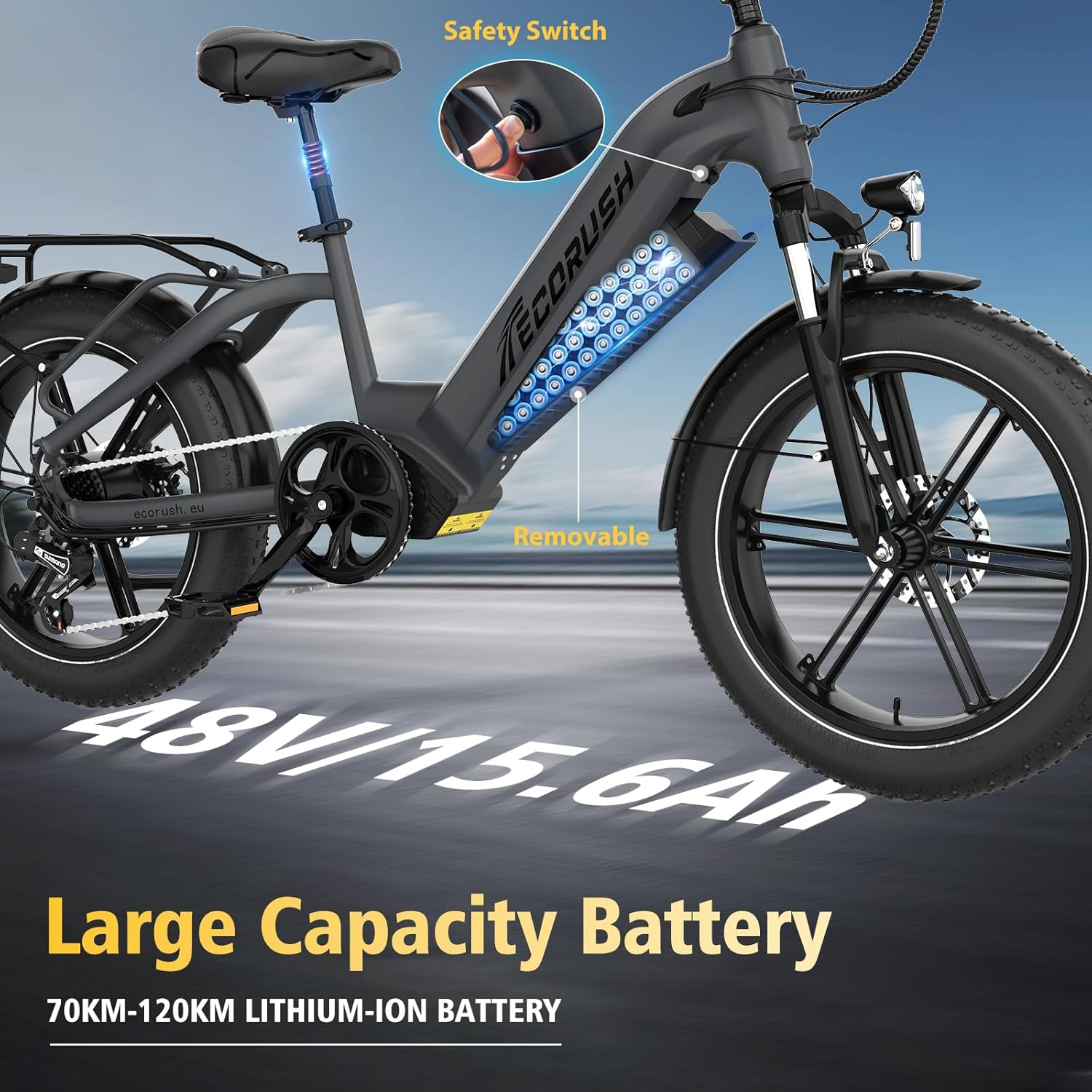 Een elektrische fiets met een grote batterij, met een uitneembare batterij en een veiligheidsschakelaar.