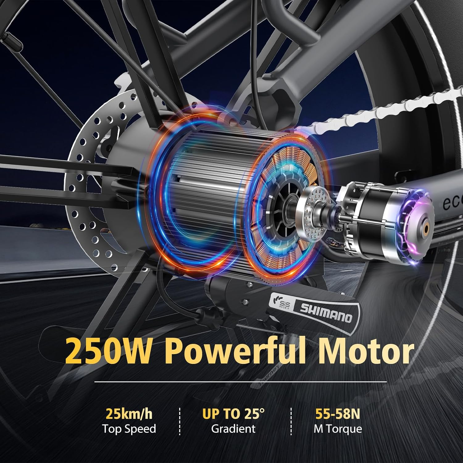 Close-up van e-bike-componenten met een 250W motor. Kenmerken zijn wiel, ketting en Shimano-onderdelen.