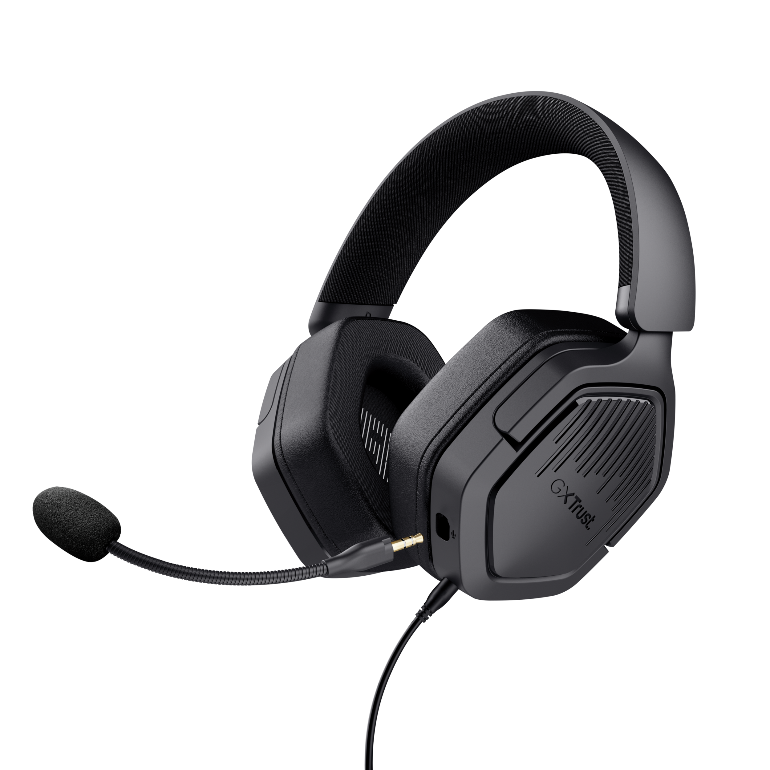 Czarne słuchawki dla graczy z elastycznym mikrofonem, na czarnym tle. Widoczna nazwa marki.