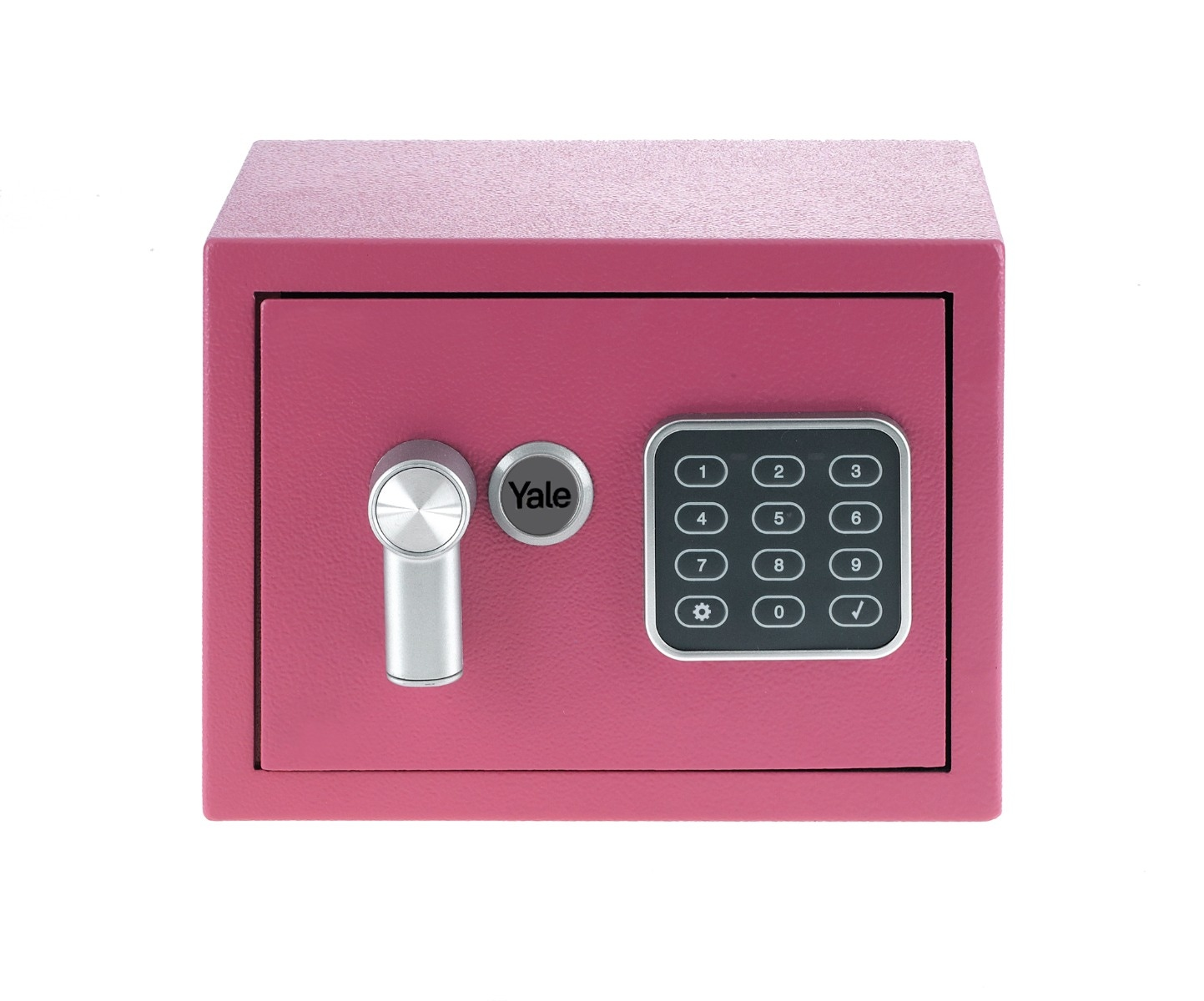 Una cassaforte rosa Yale con maniglia argentata e tastierino digitale su sfondo bianco.