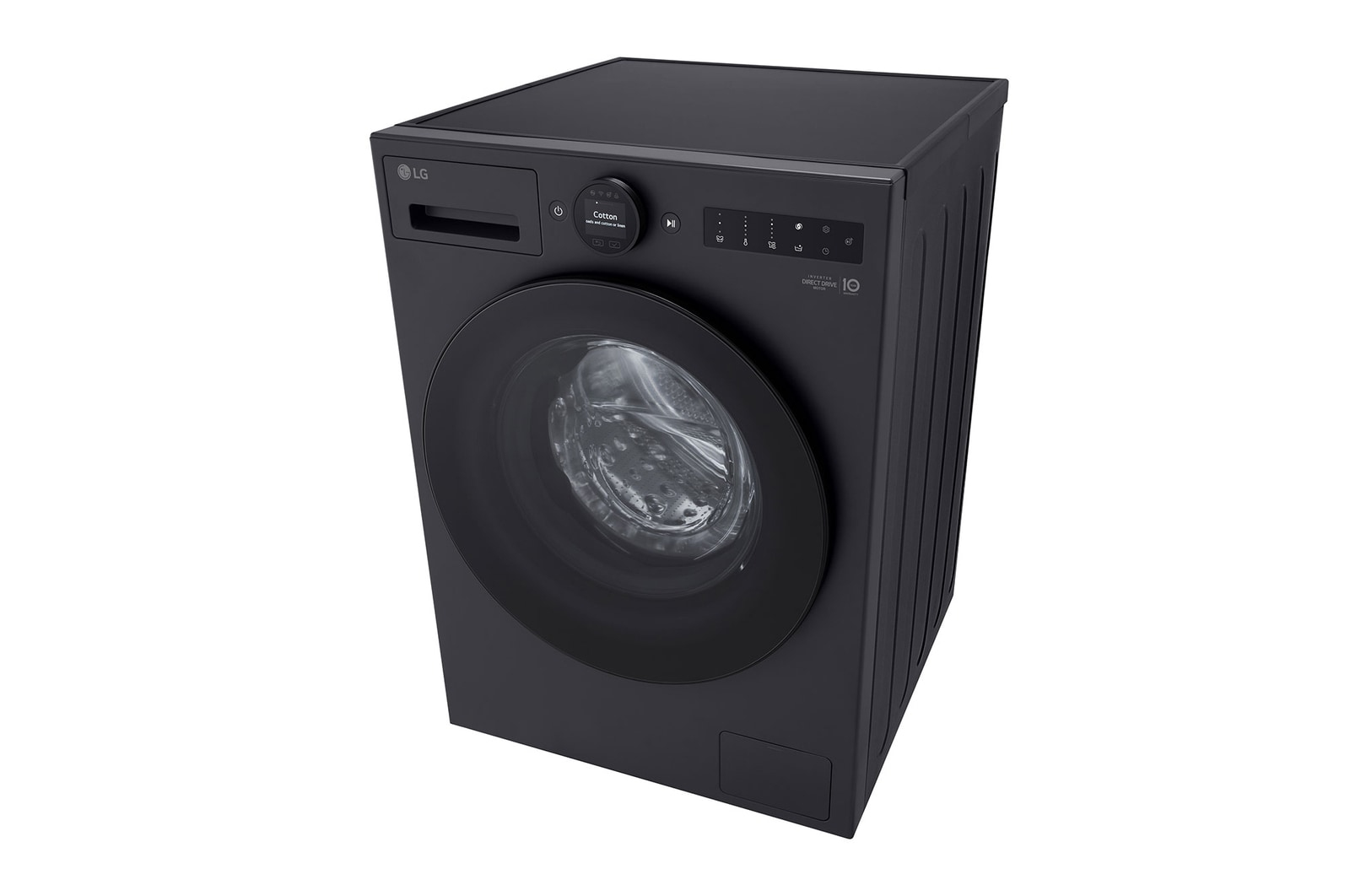 Una lavatrice LG nera, vista da un'angolazione alta, con la porta chiusa e il pannello di controllo visibile.