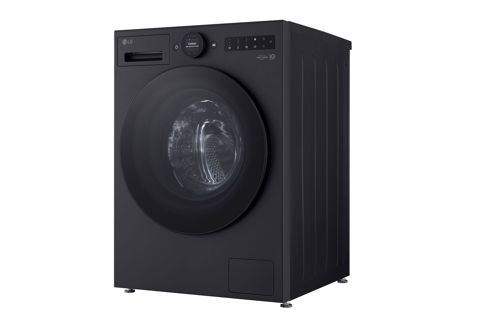 Una lavatrice LG elegante, grigio scuro, angolata per mostrare il suo design moderno. È dotata di un pannello display digitale.