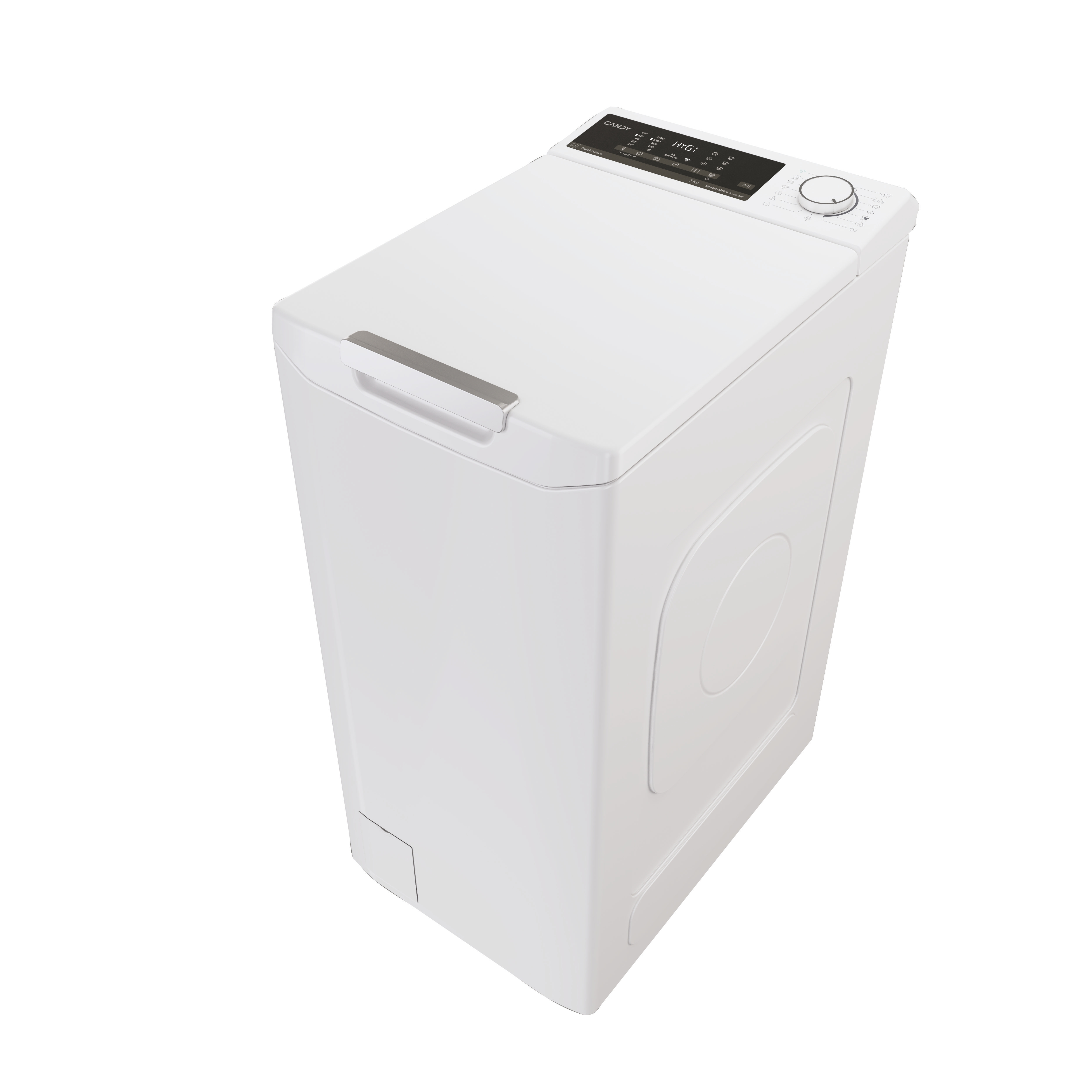 Een witte bovenlader wasmachine, schuin op een witte achtergrond, toont het bedieningspaneel en de designelementen.