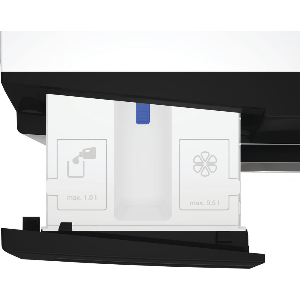 Primo piano del cassetto del detersivo di una lavatrice, con scomparti e icone.