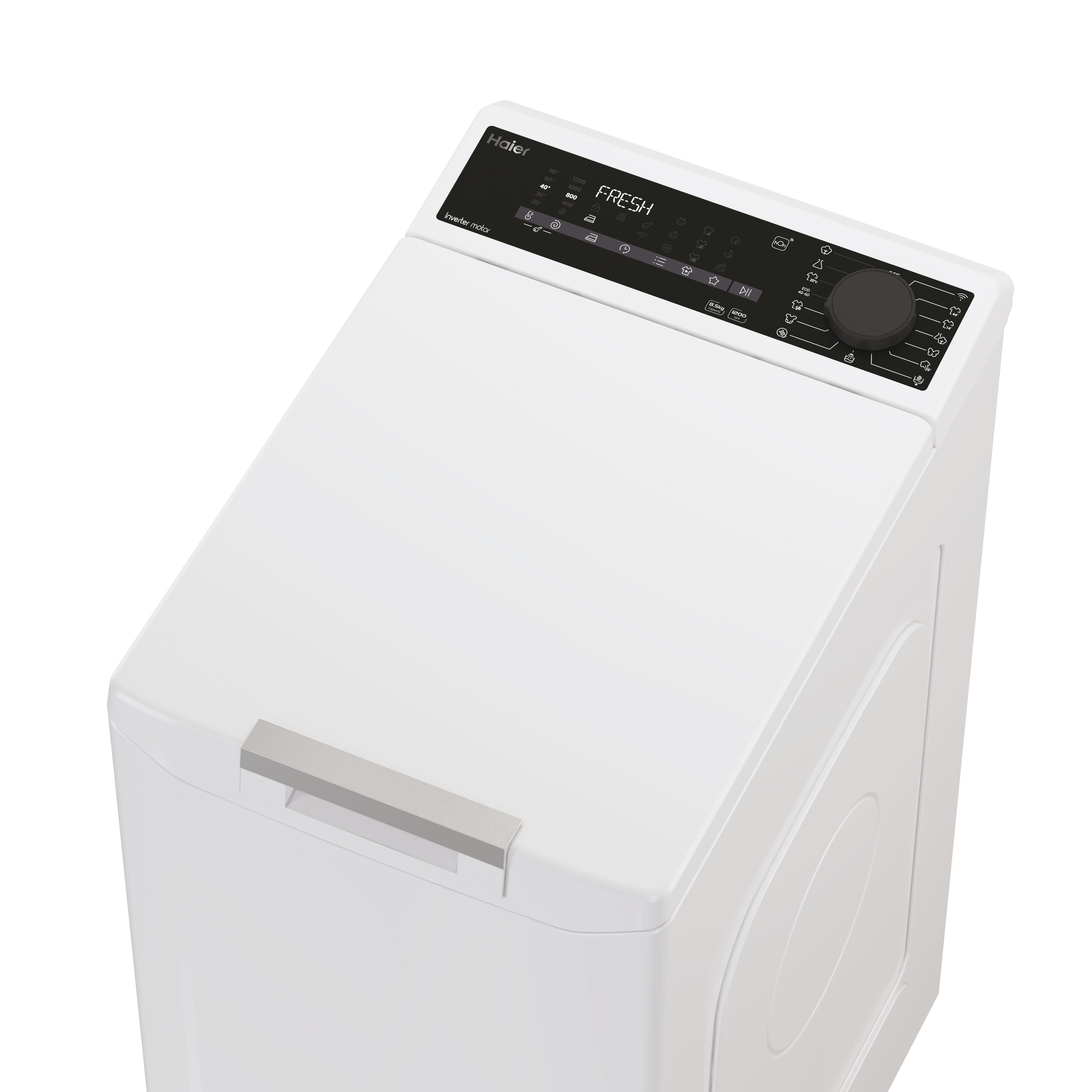 Lavadora Haier blanca de carga superior. El panel de control está arriba a la derecha. Diseño limpio y moderno.