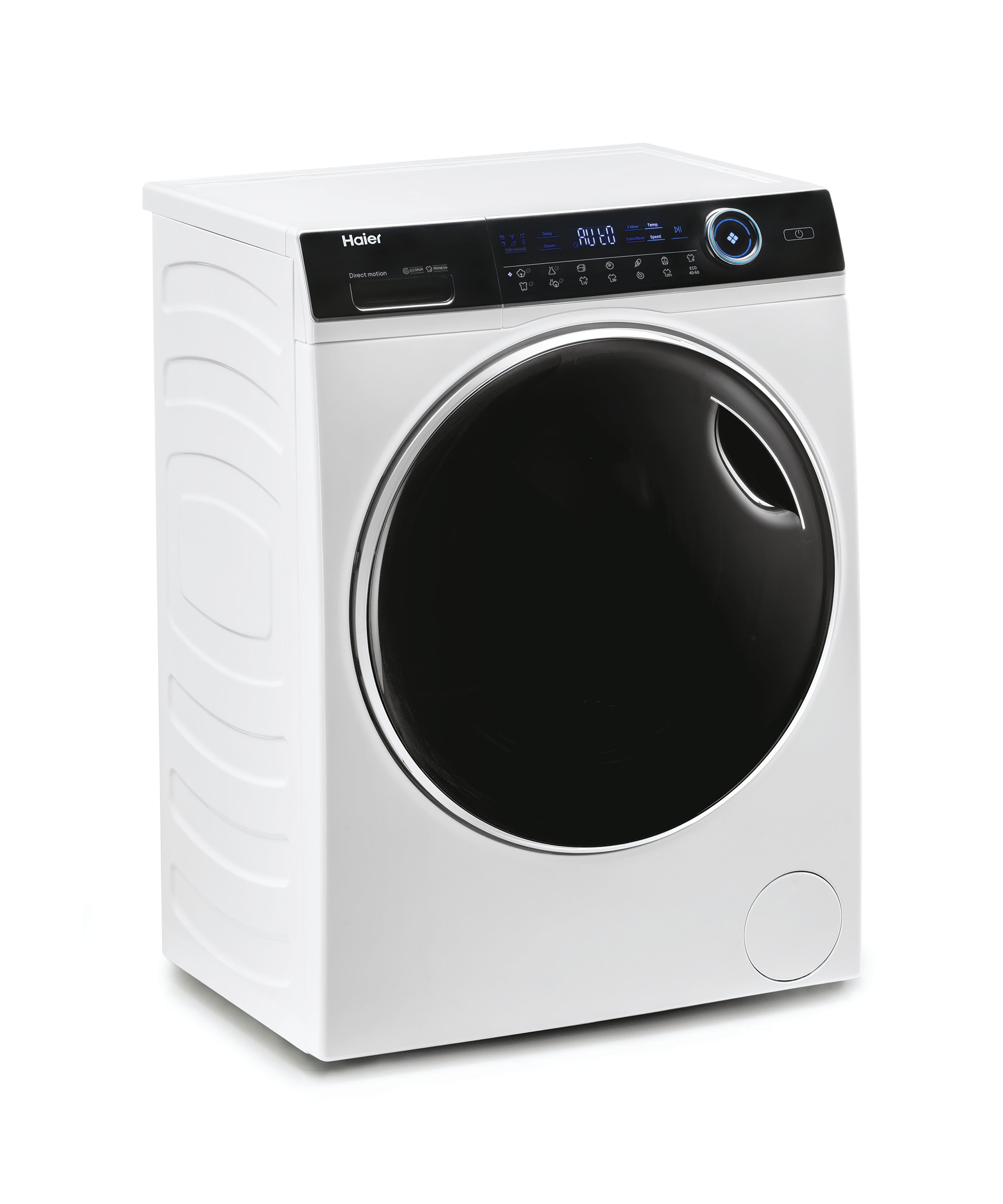 Beyaz Haier çamaşır makinesi, önden görünüm. Siyah kapı, kontrol paneli ve dairesel bir tasarım öğesi içerir.