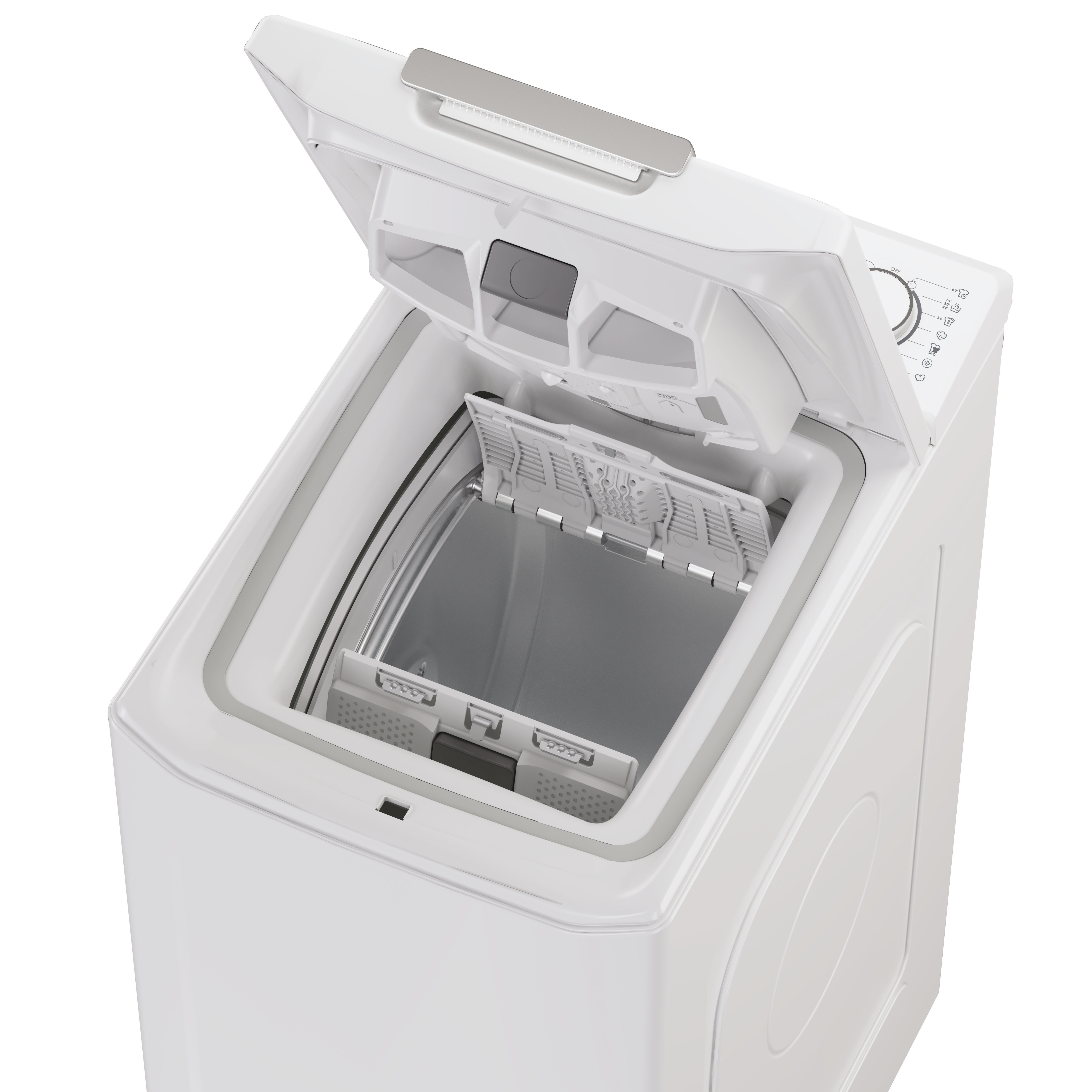 Biała pralka ładowana od góry z otwartą pokrywą. Widoczny bęben wewnętrzny i dozownik.