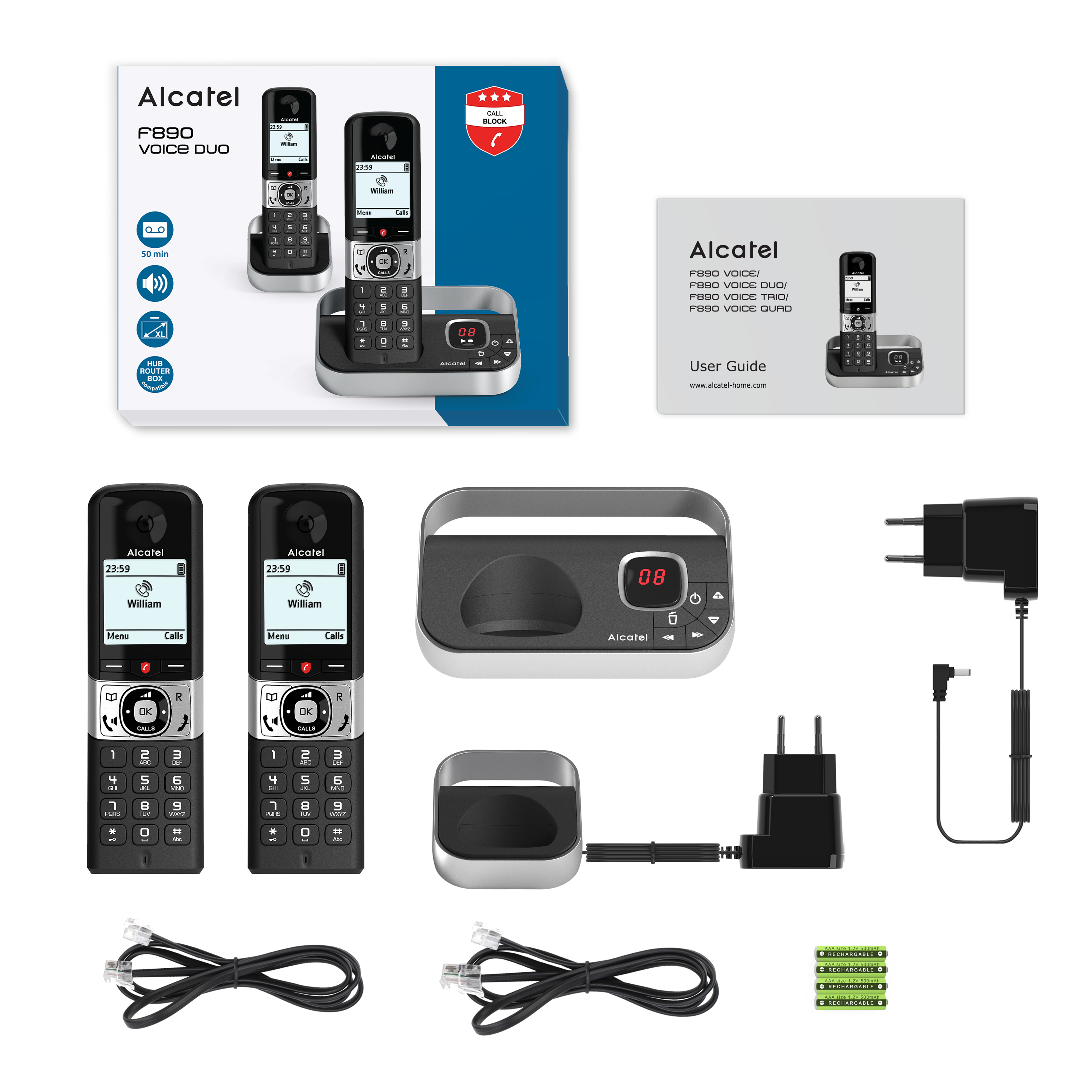 Juego de teléfonos Alcatel F890 Voice Duo, con dos terminales, una estación base y accesorios.