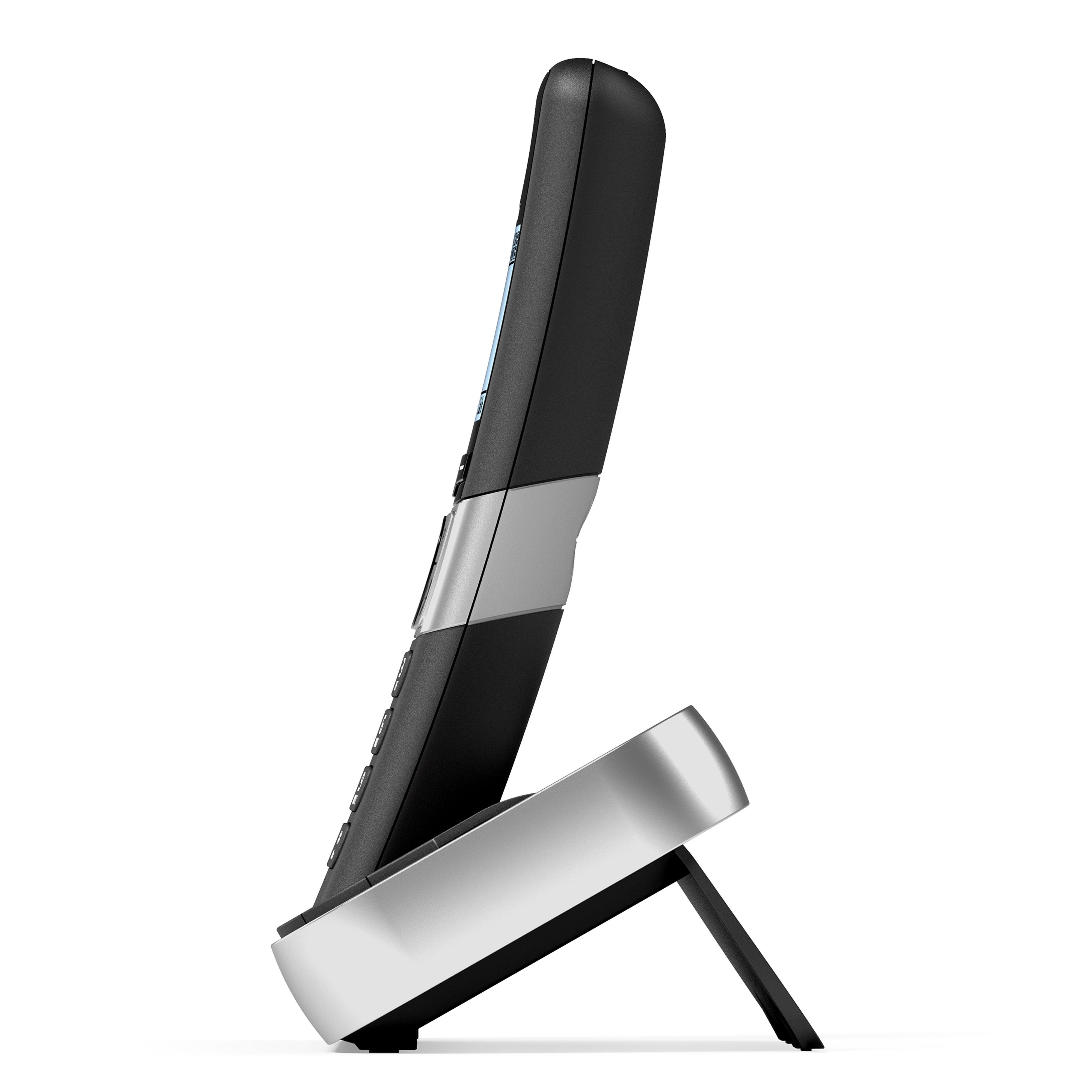 Un teléfono Alcatel negro y plateado sobre un soporte. El teléfono está de lado, mostrando la pantalla y botones.