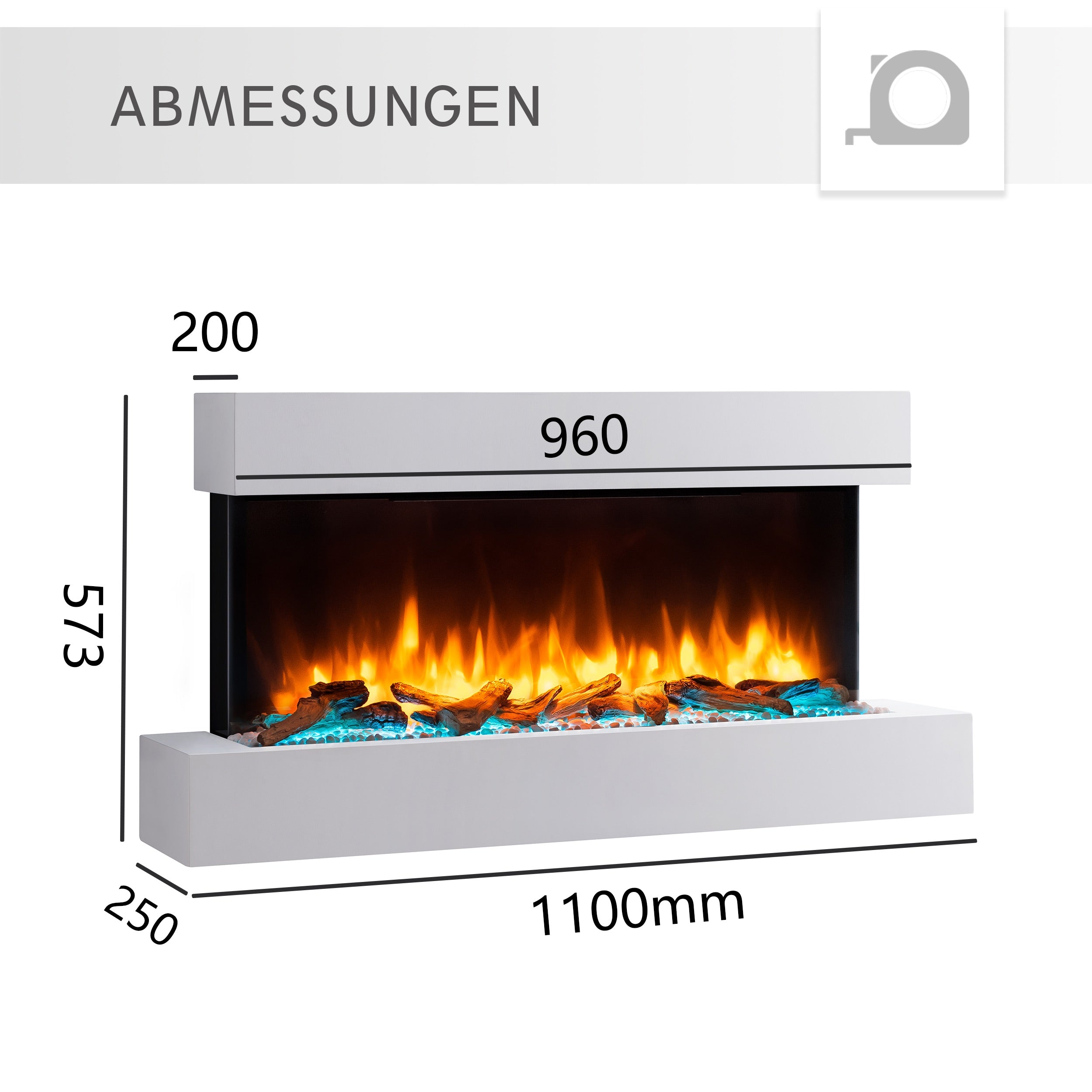 Diagramm eines Kamins mit Maßen in Millimetern, das Feuer und Holzelemente zeigt.