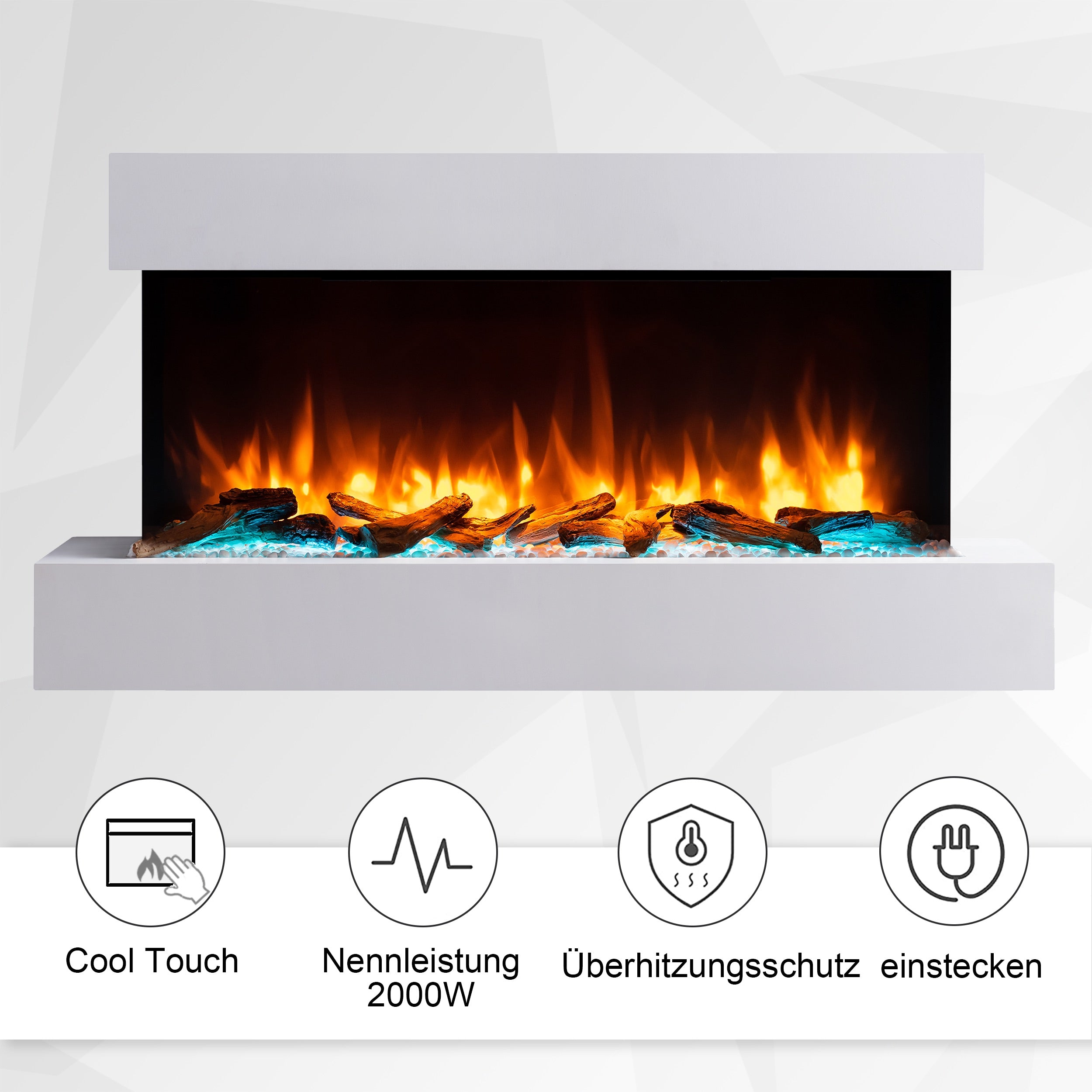 Weißer elektrischer Kamin mit Flammen und Holz. Symbole für Cool Touch, 2000W, Überhitzung.