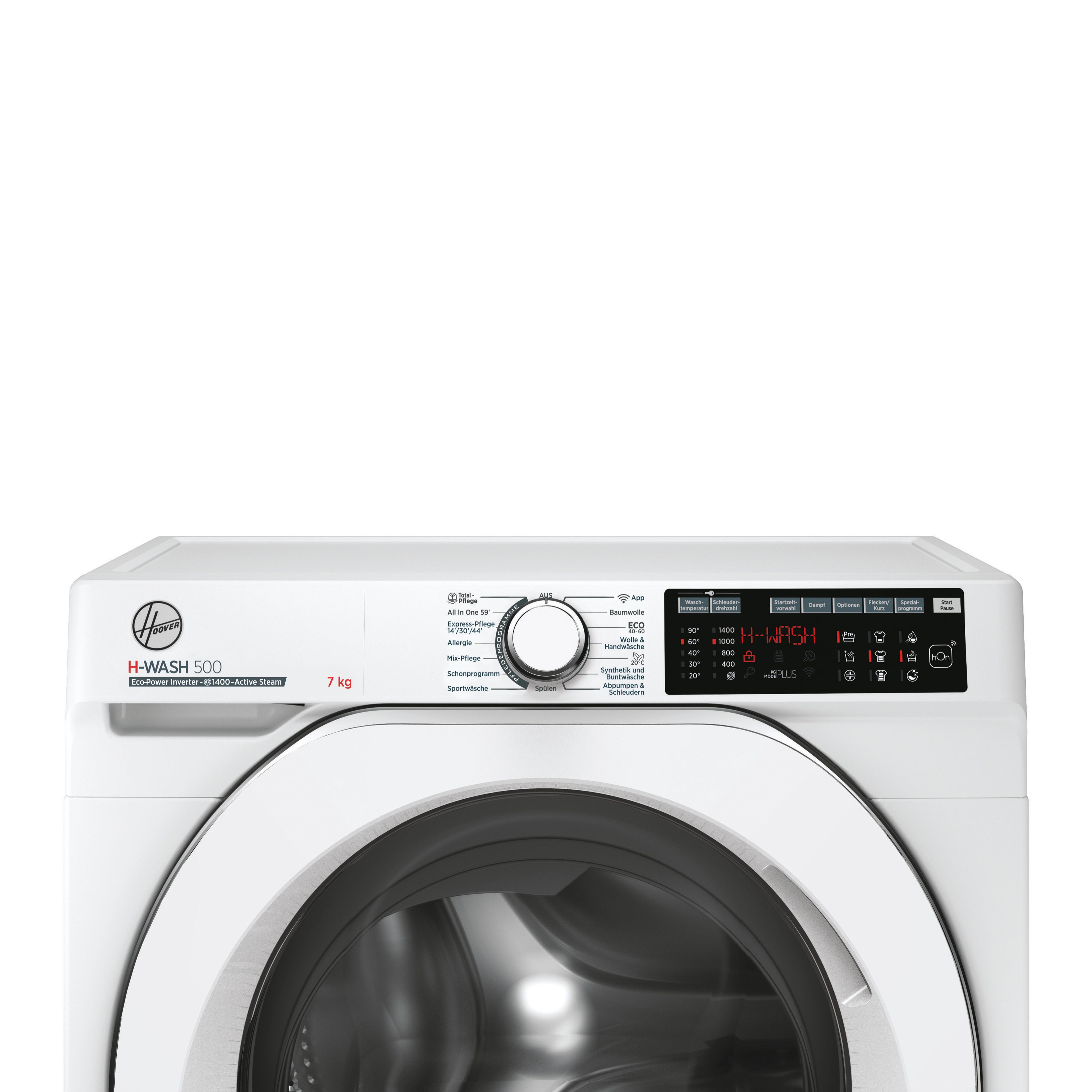 Eine weiße Hoover-Waschmaschine mit digitalem Display und verschiedenen Einstellungen, Frontansicht auf weißem Hintergrund.