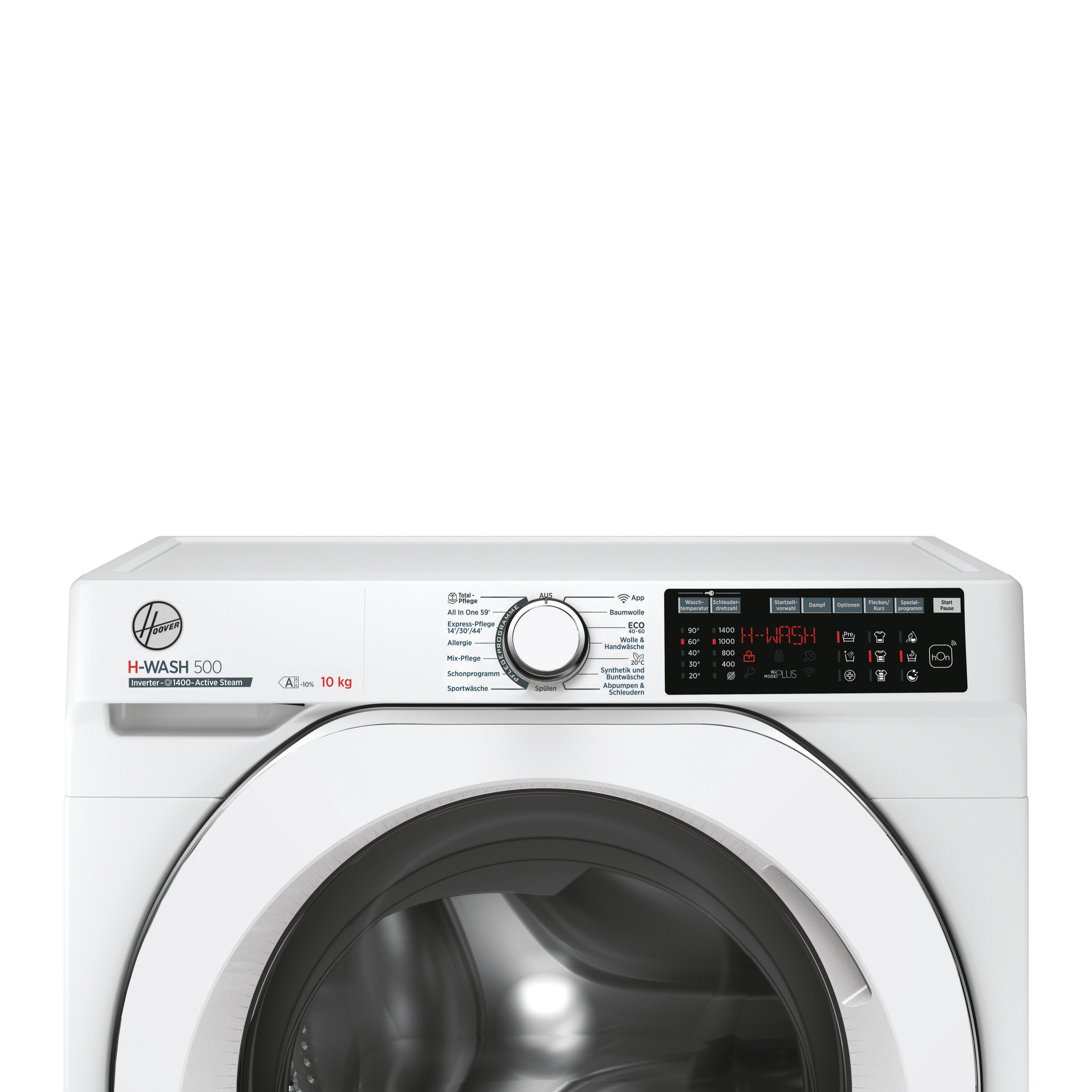 Eine Nahaufnahme einer weißen Hoover-Waschmaschine mit einem digitalen Display und verschiedenen Programmeinstellungen.