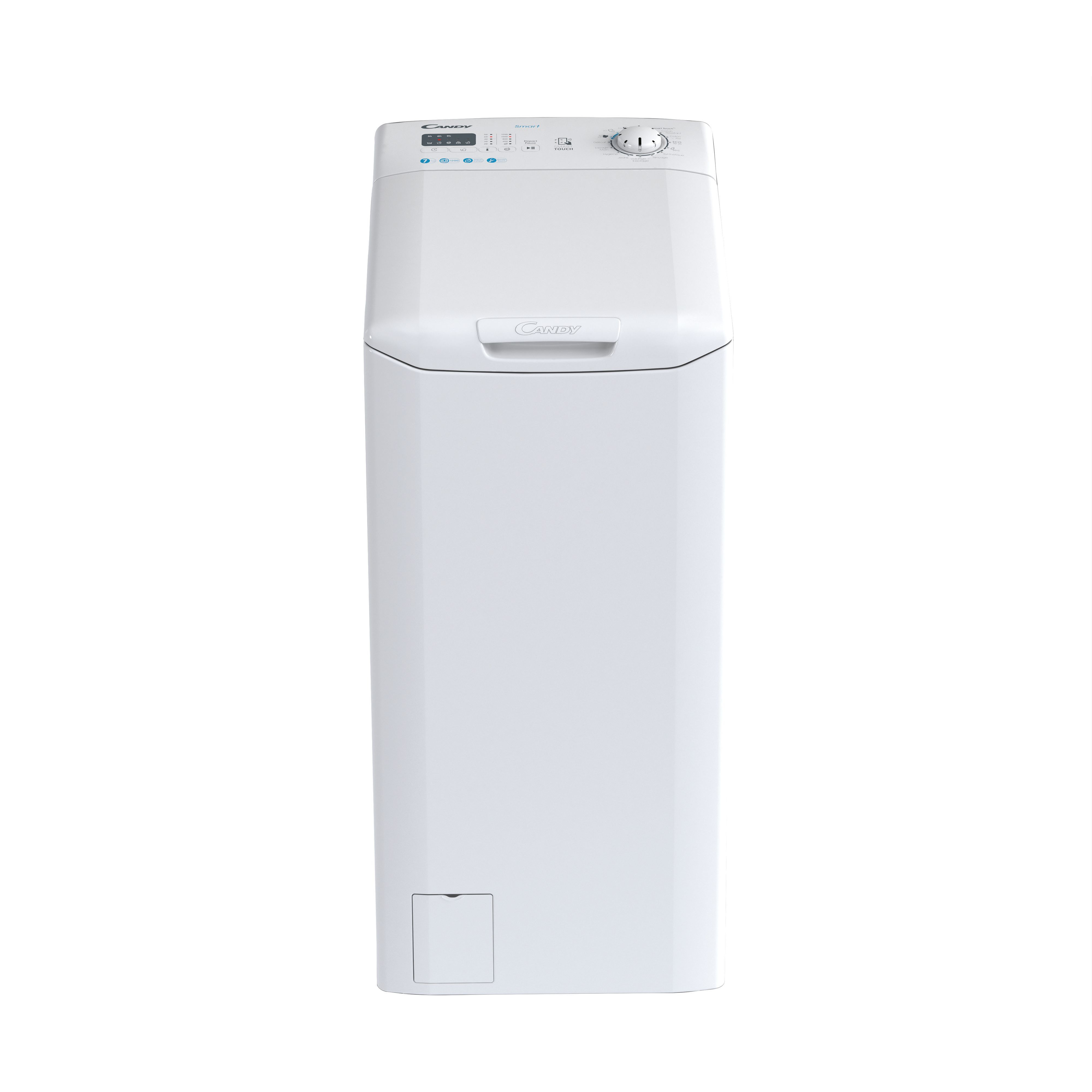 Witte bovenlader wasmachine met een bedieningspaneel aan de bovenkant en een kleine deur aan de onderkant.