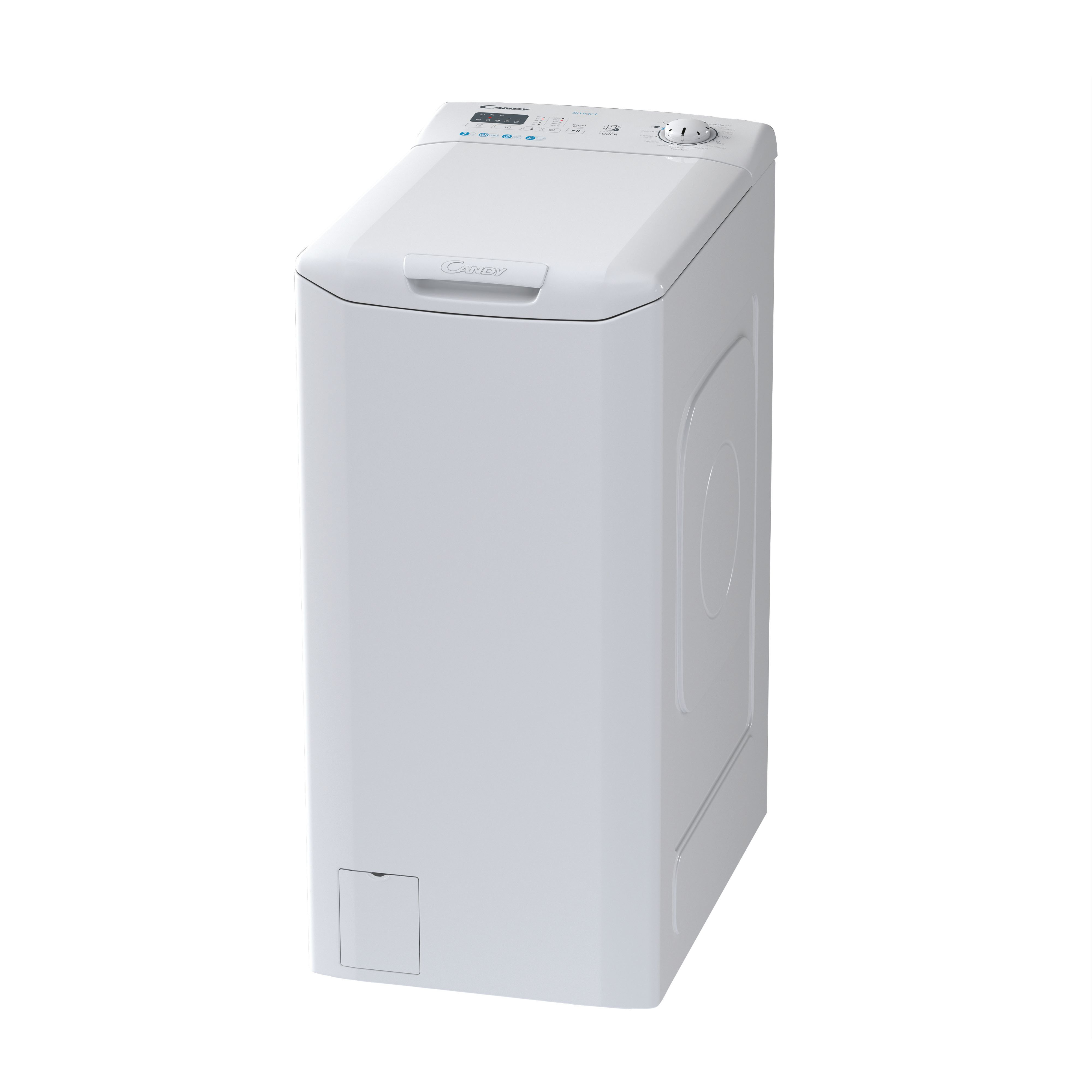 Witte Candy bovenlader wasmachine. Bedieningspaneel bovenop. Kleine deur rechtsonder.
