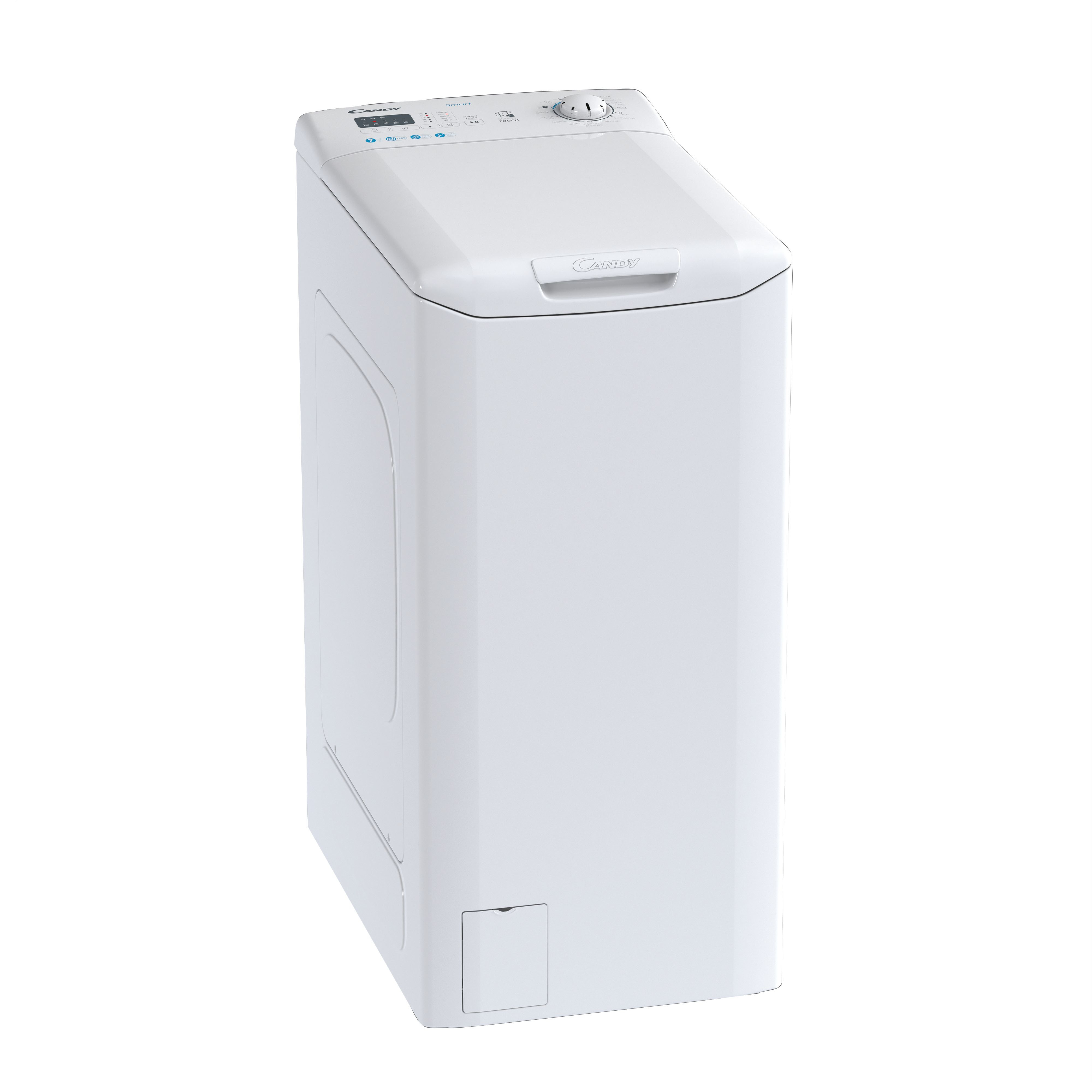Witte Candy bovenlader wasmachine. Bedieningspaneel bovenop. Kleine deur rechtsonder.