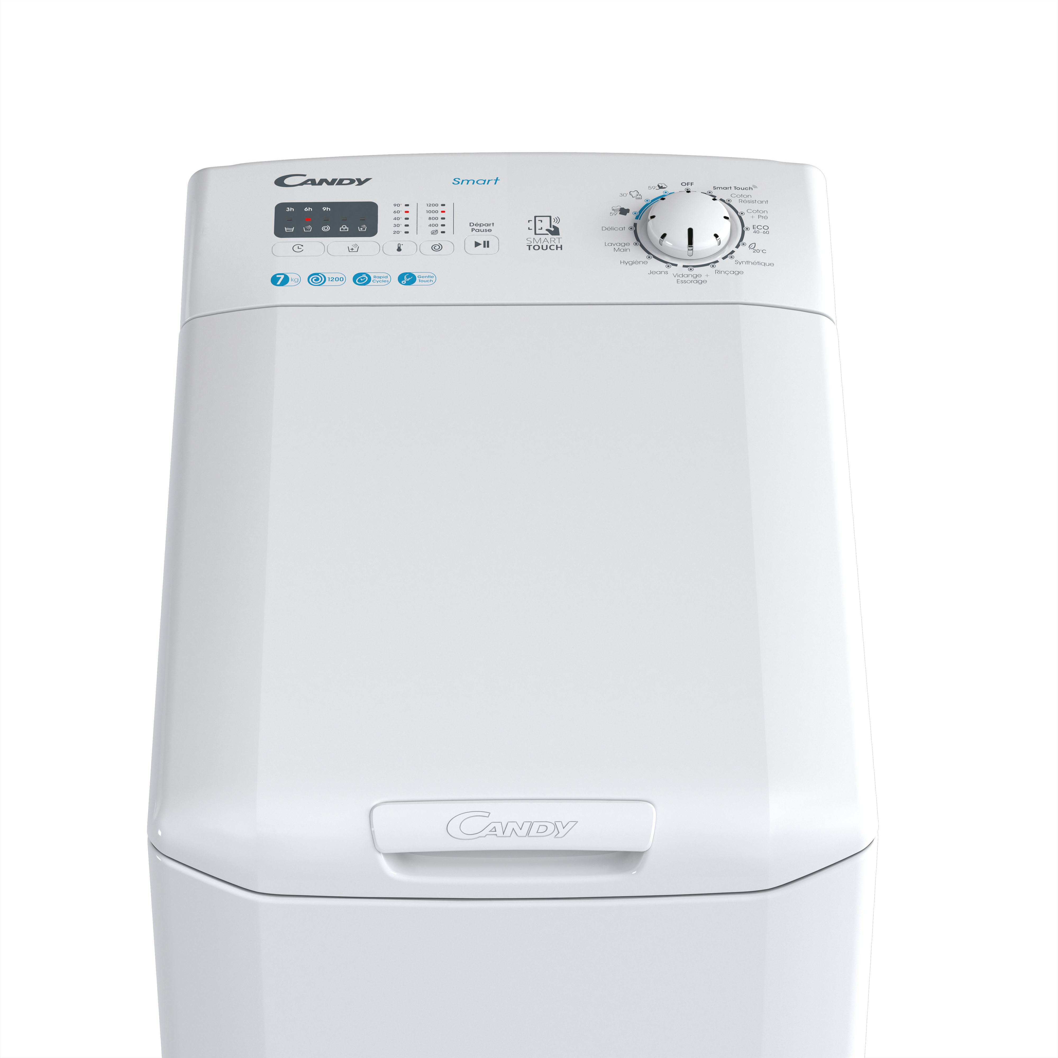 Witte Candy wasmachine. Bovenaanzicht. Digitaal display, knoppen en een draaiknop zichtbaar.