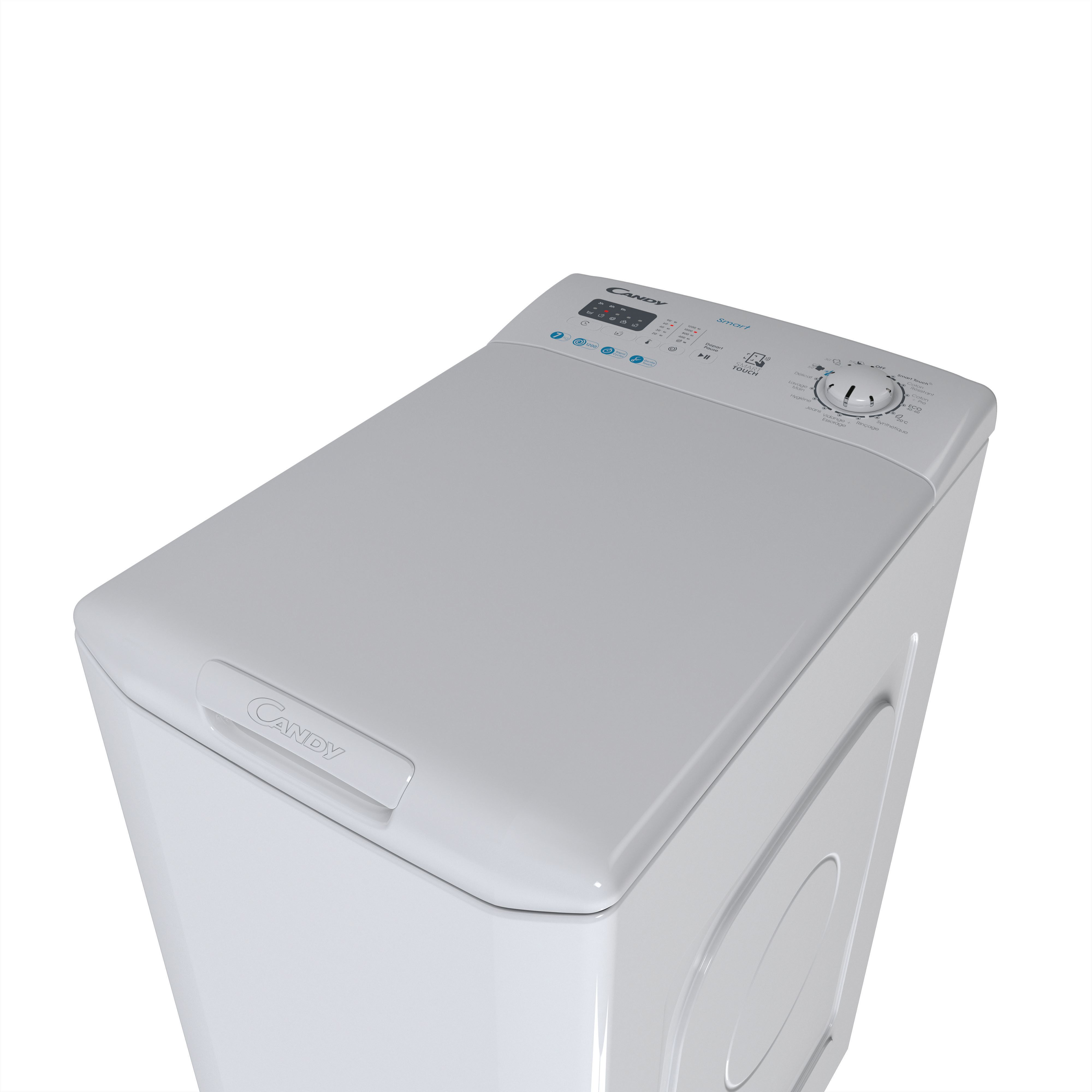 Witte Candy wasmachine, bovenaanzicht. Merknaam zichtbaar. Bedieningspaneel bovenaan.