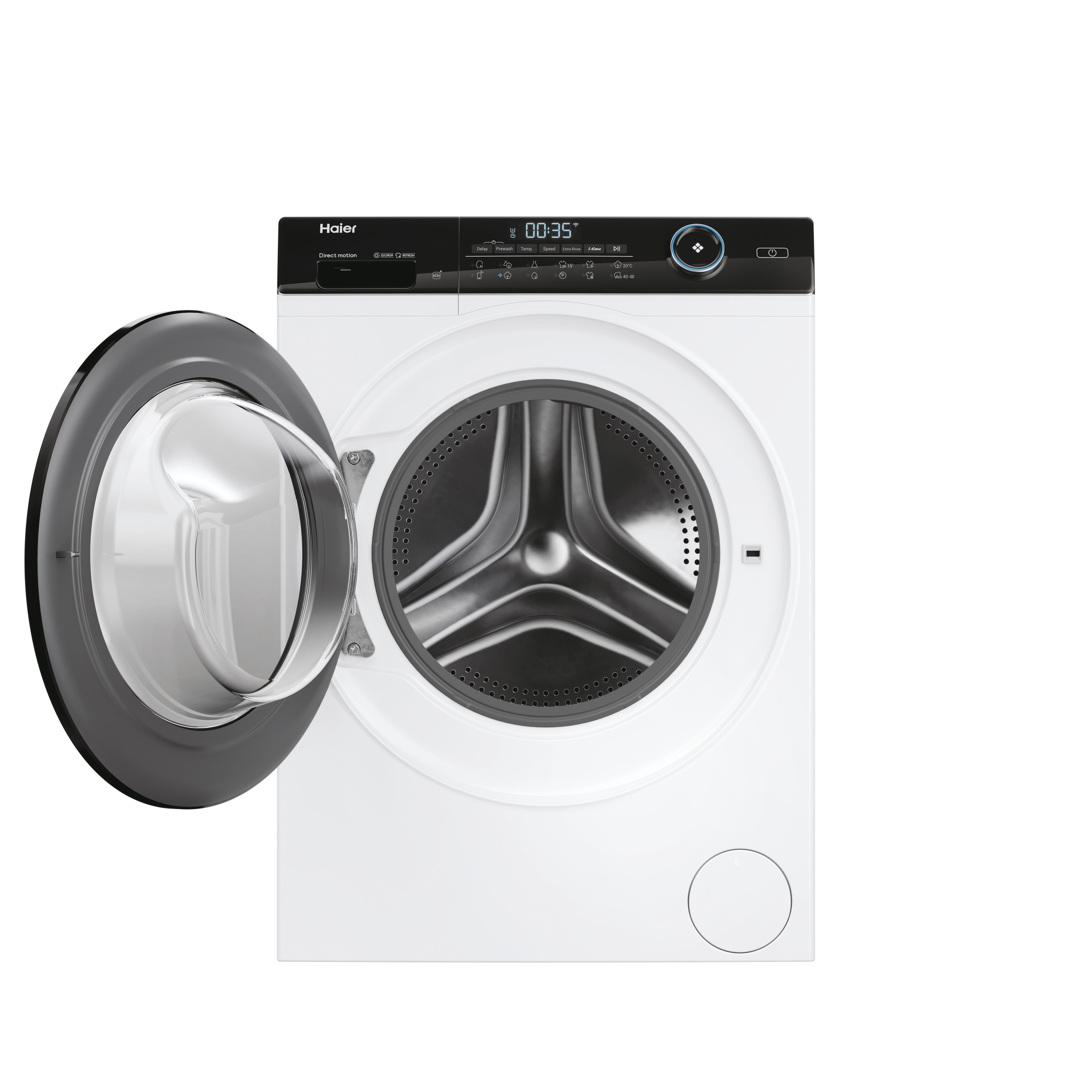 Lavadora blanca con puerta abierta. El panel de control muestra una pantalla digital y varios iconos de función.
