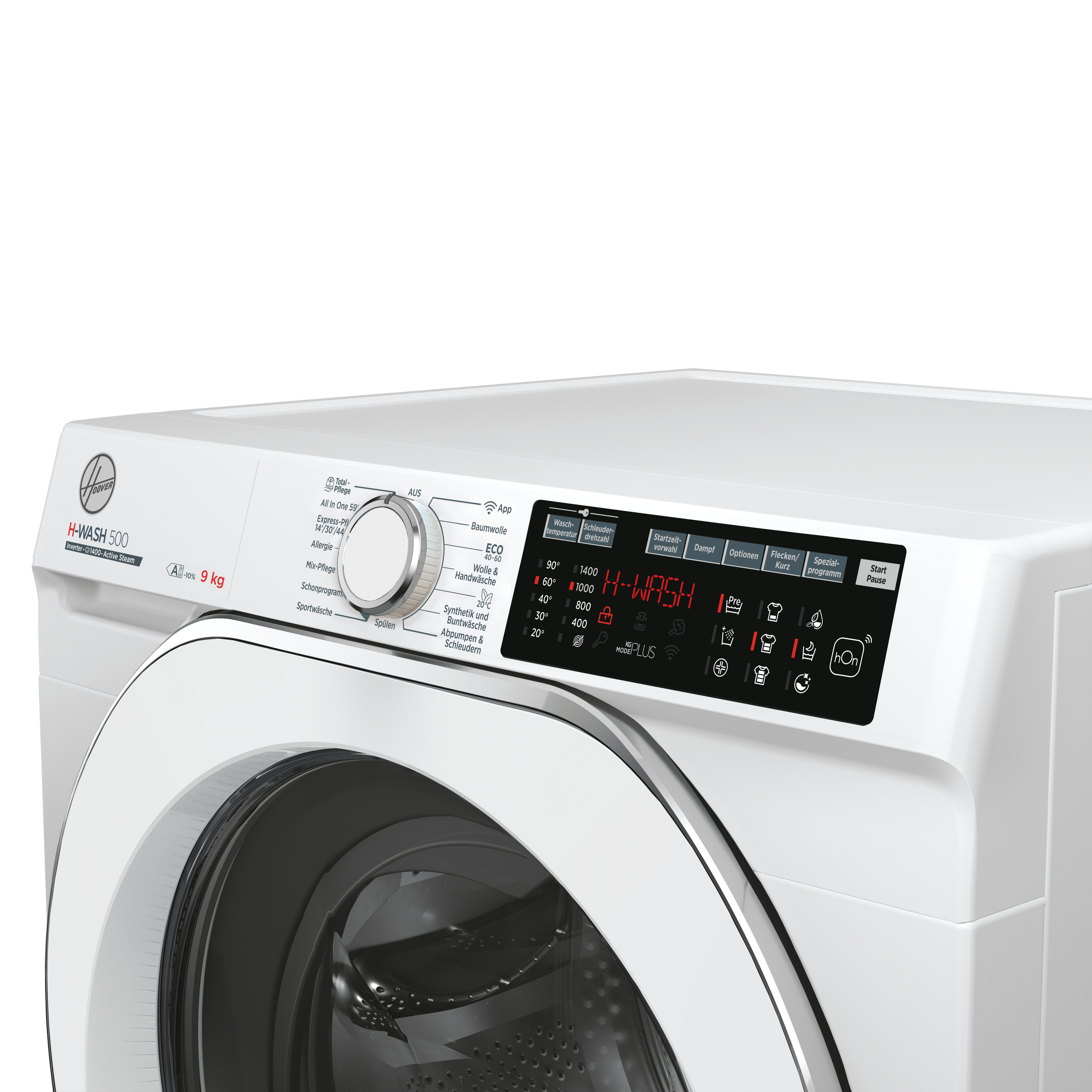Nahaufnahme des Bedienfelds einer weißen Hoover H-WASH 500 Waschmaschine. Das Bedienfeld ist silber und schwarz.