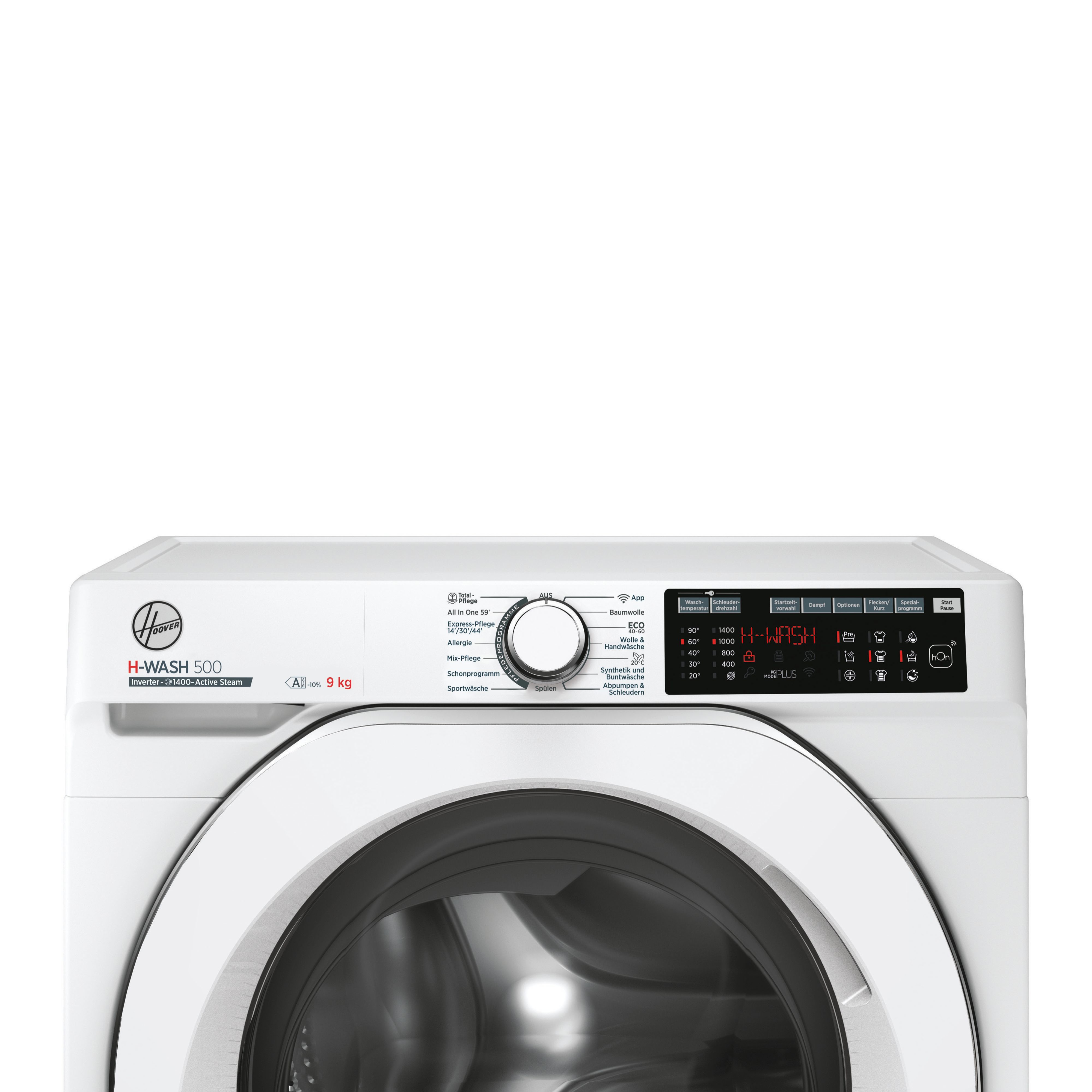 Ein weißes Waschmaschinen-Bedienfeld mit dem Modellnamen H-WASH 500 und einer Vielzahl von Einstellungen und Anzeigen.